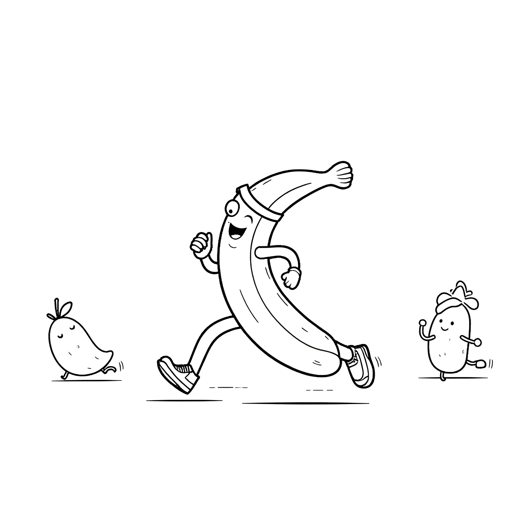 Banana jogging with happy chicks Coloring Page (free black-and-white line drawing printable PDF for all, from beginners to advanced learners, including children, teens, adults, and seniors)