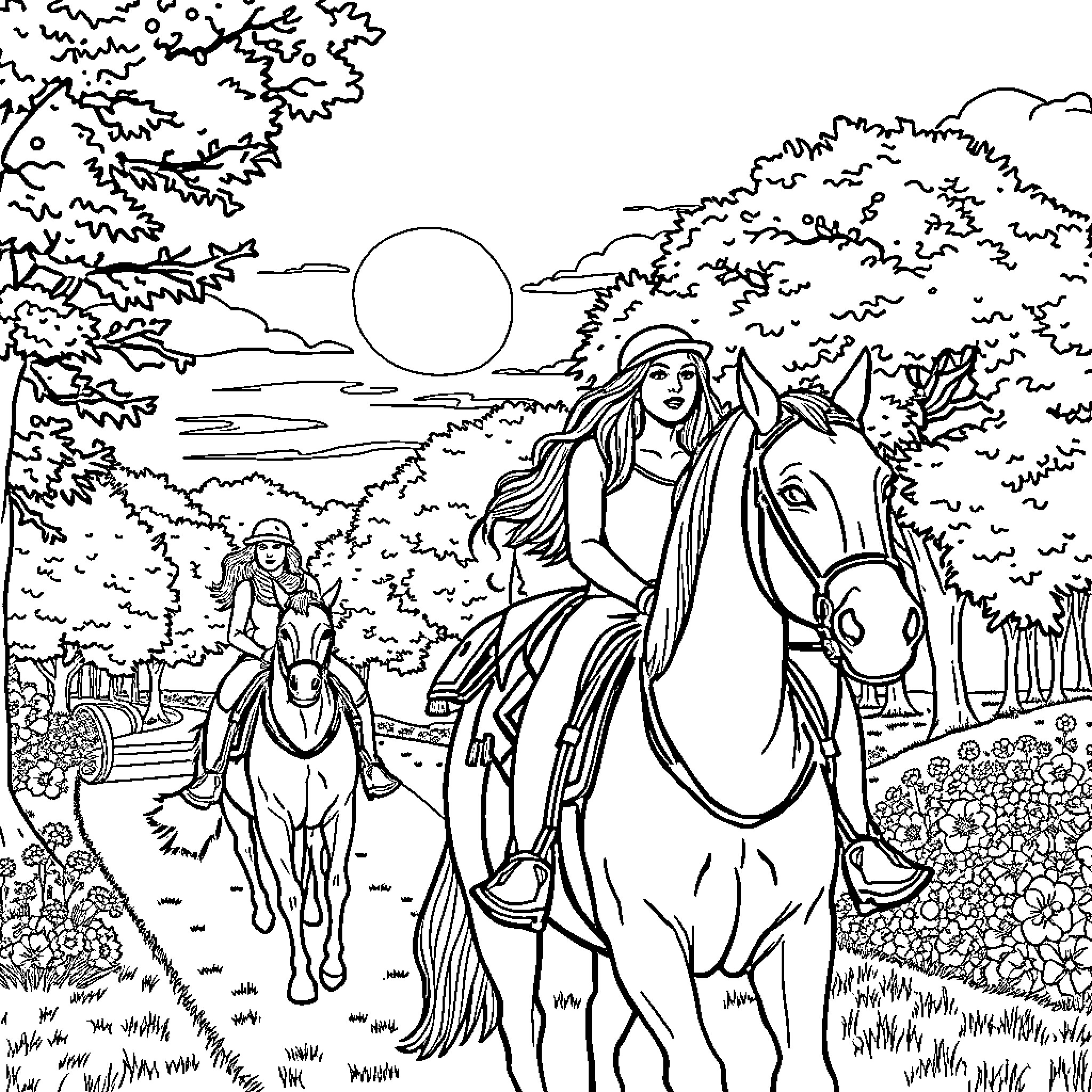 Woman riding horse through serene countryside landscape Coloring Page (free black-and-white line drawing printable PDF for all, from beginners to advanced learners, including children, teens, adults, and seniors)