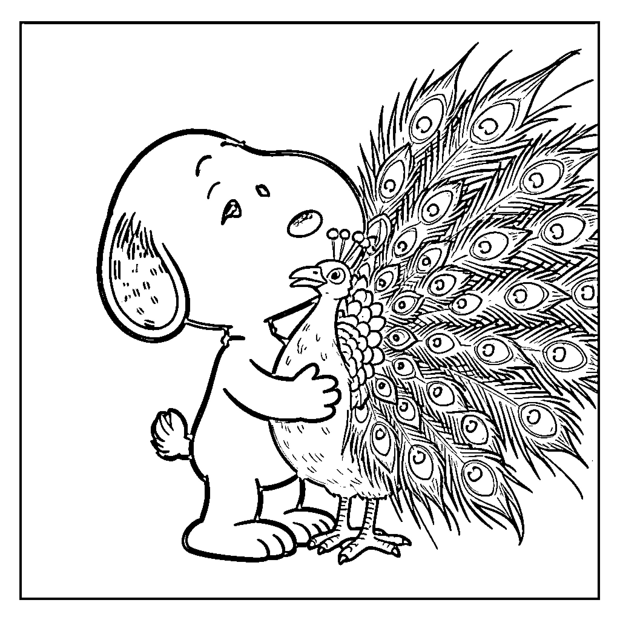 Snoopy interacting with a colorful peacock Coloring Page (free black-and-white line drawing printable PDF for all, from beginners to advanced learners, including children, teens, adults, and seniors)