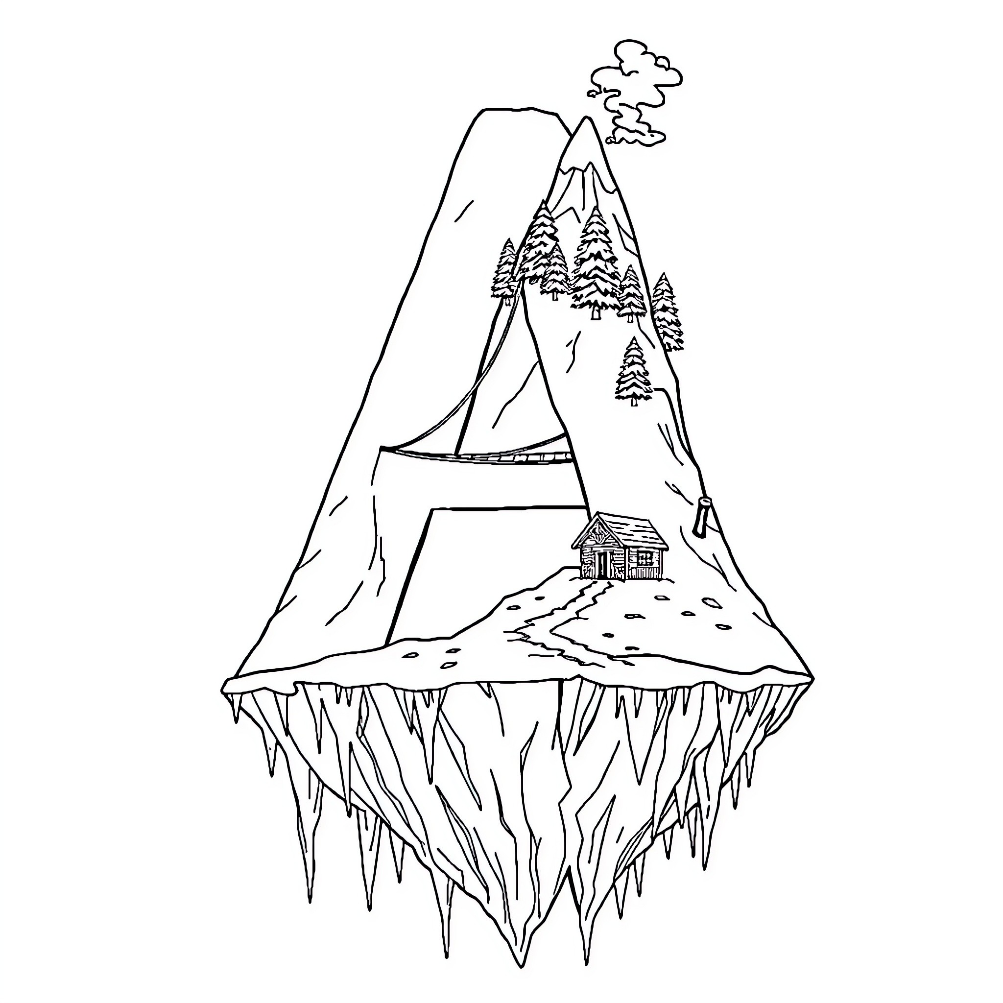 Alphabet mountain landscape with cabin Coloring Page (free black-and-white line drawing printable PDF for all, from beginners to advanced learners, including children, teens, adults, and seniors)