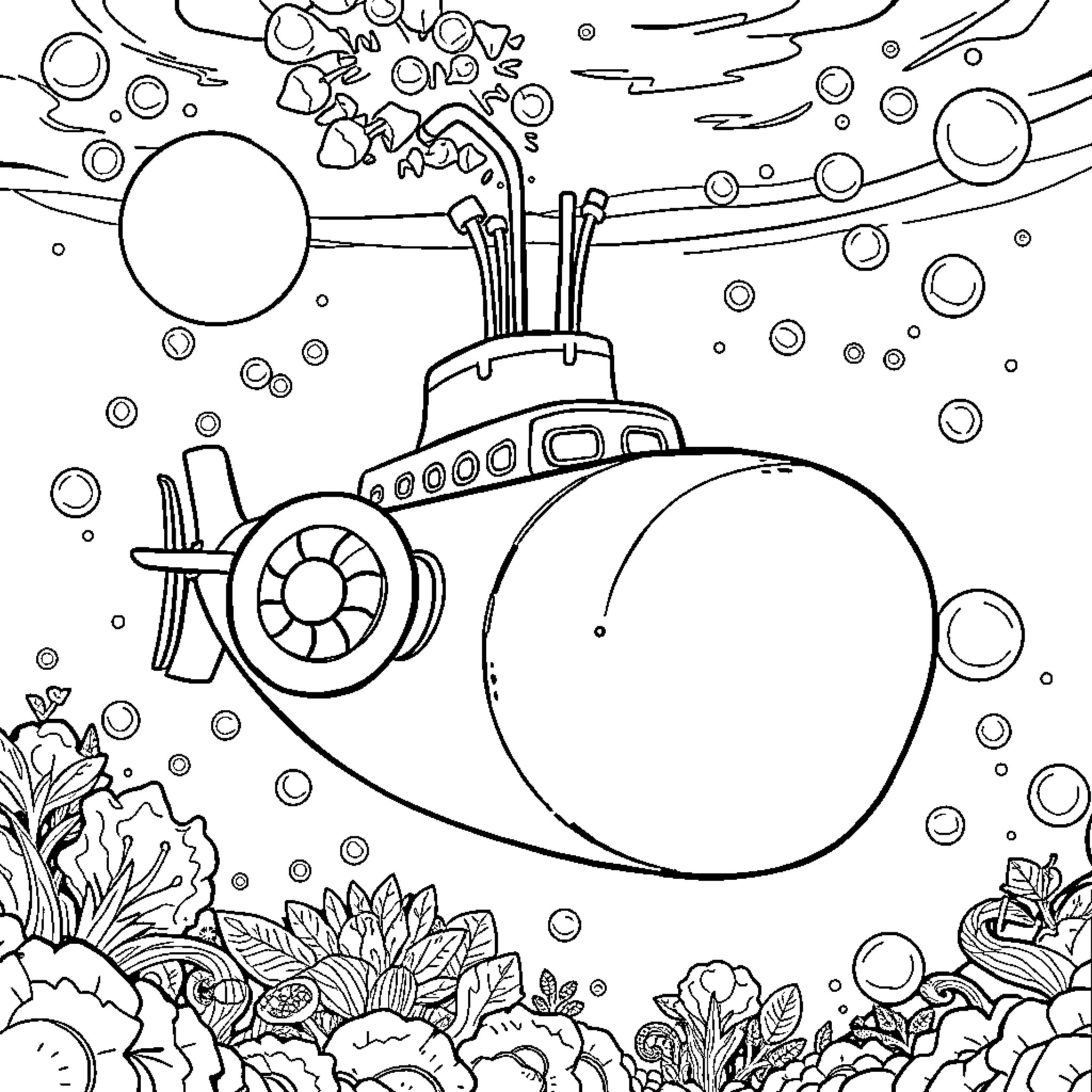 Submarine exploring the underwater world Coloring Page (free black-and-white line drawing printable PDF for all, from beginners to advanced learners, including children, teens, adults, and seniors)
