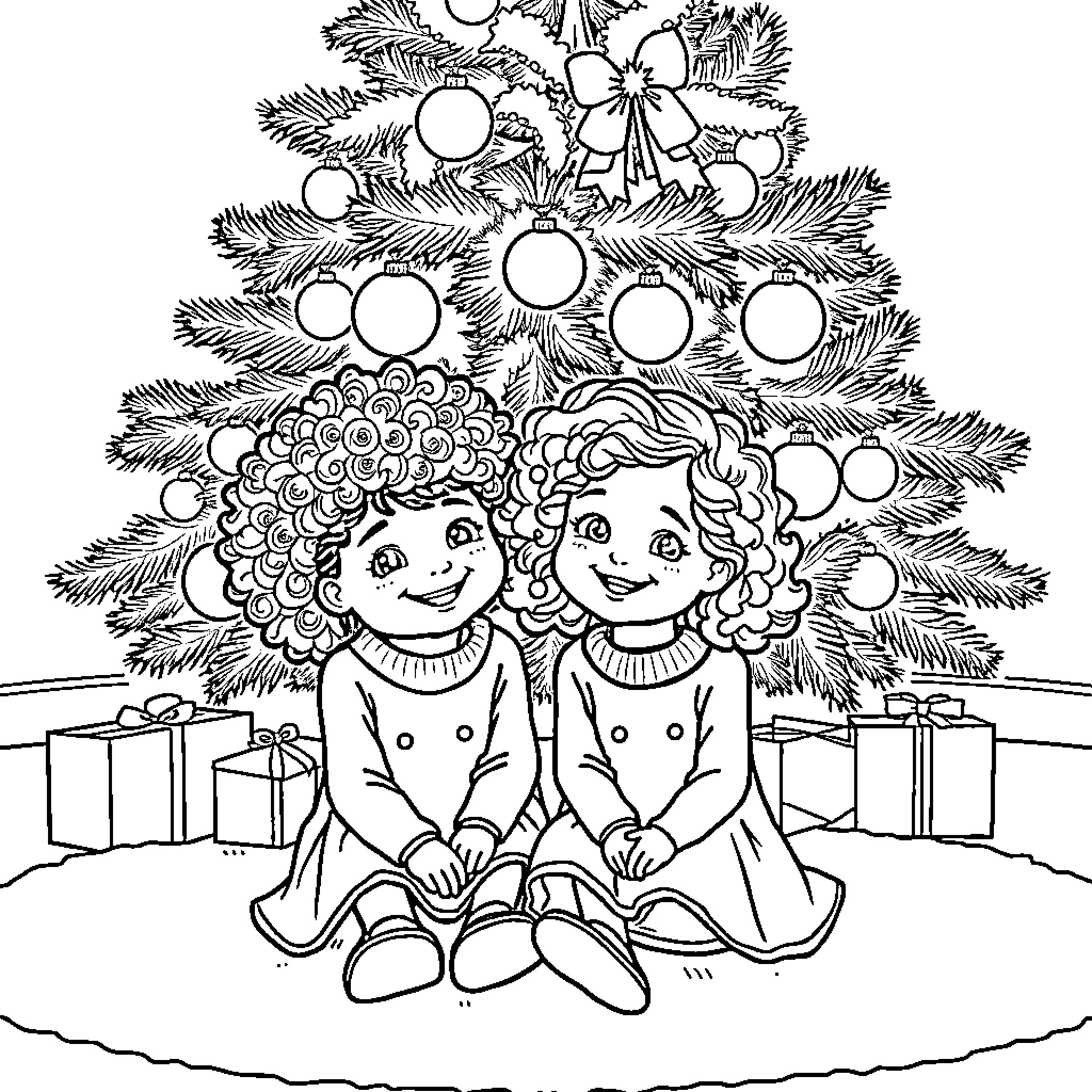 Sister Dolls Sitting by Christmas Tree Coloring Page (free black-and-white line drawing printable PDF for all, from beginners to advanced learners, including children, teens, adults, and seniors)