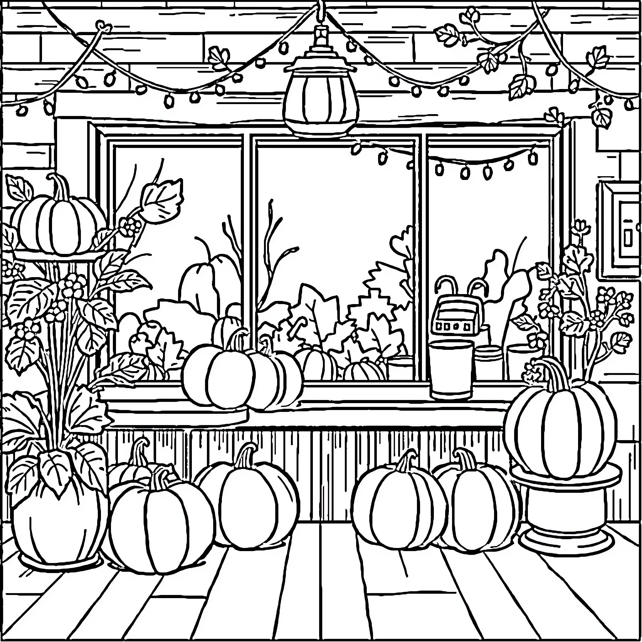 Coffee Shop Autumn Decor and Cozy Atmosphere Coloring Page (free black-and-white line drawing printable PDF for all, from beginners to advanced learners, including children, teens, adults, and seniors)