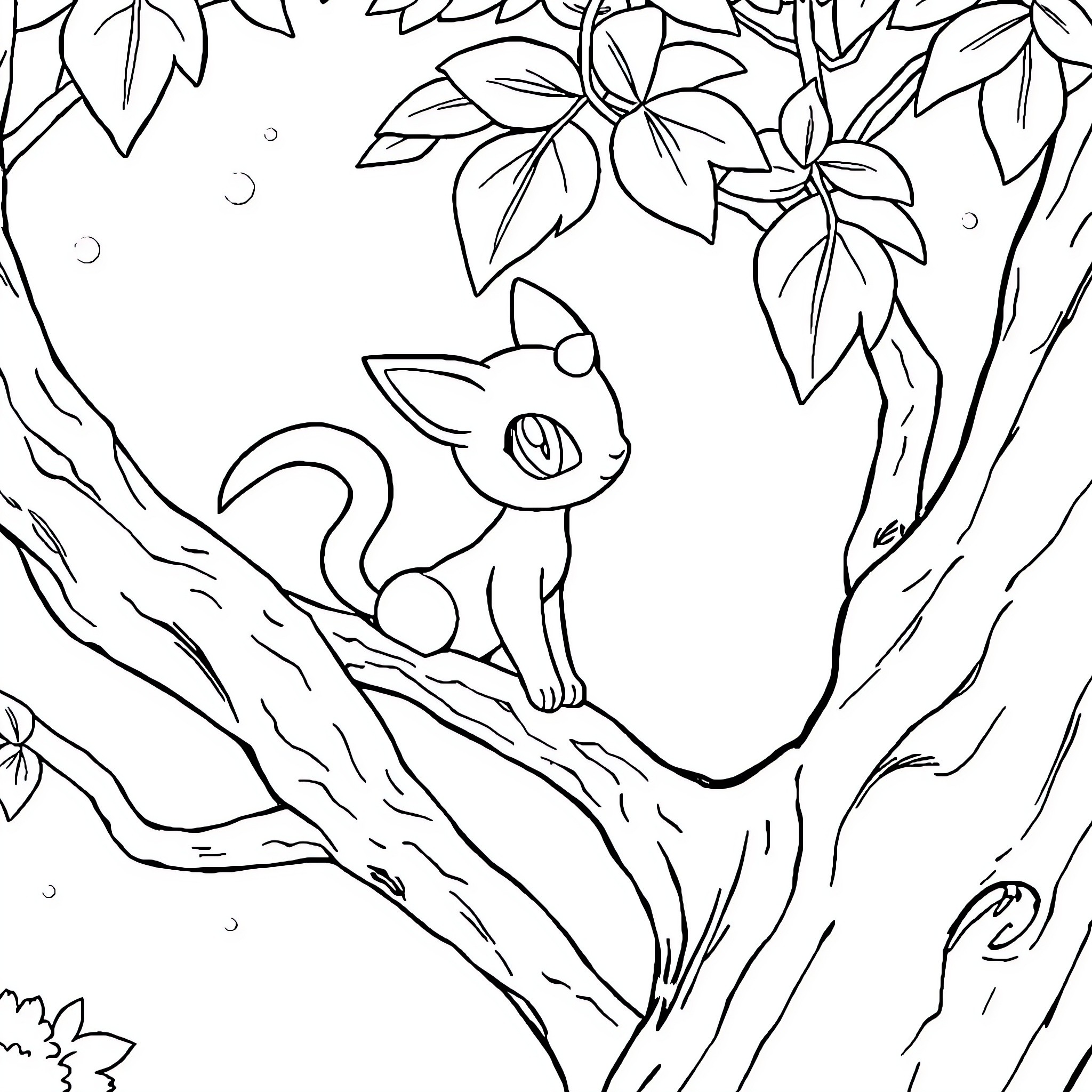 Mew the Curious Kitten in the Enchanted Forest Coloring Page (free black-and-white line drawing printable PDF for all, from beginners to advanced learners, including children, teens, adults, and seniors)