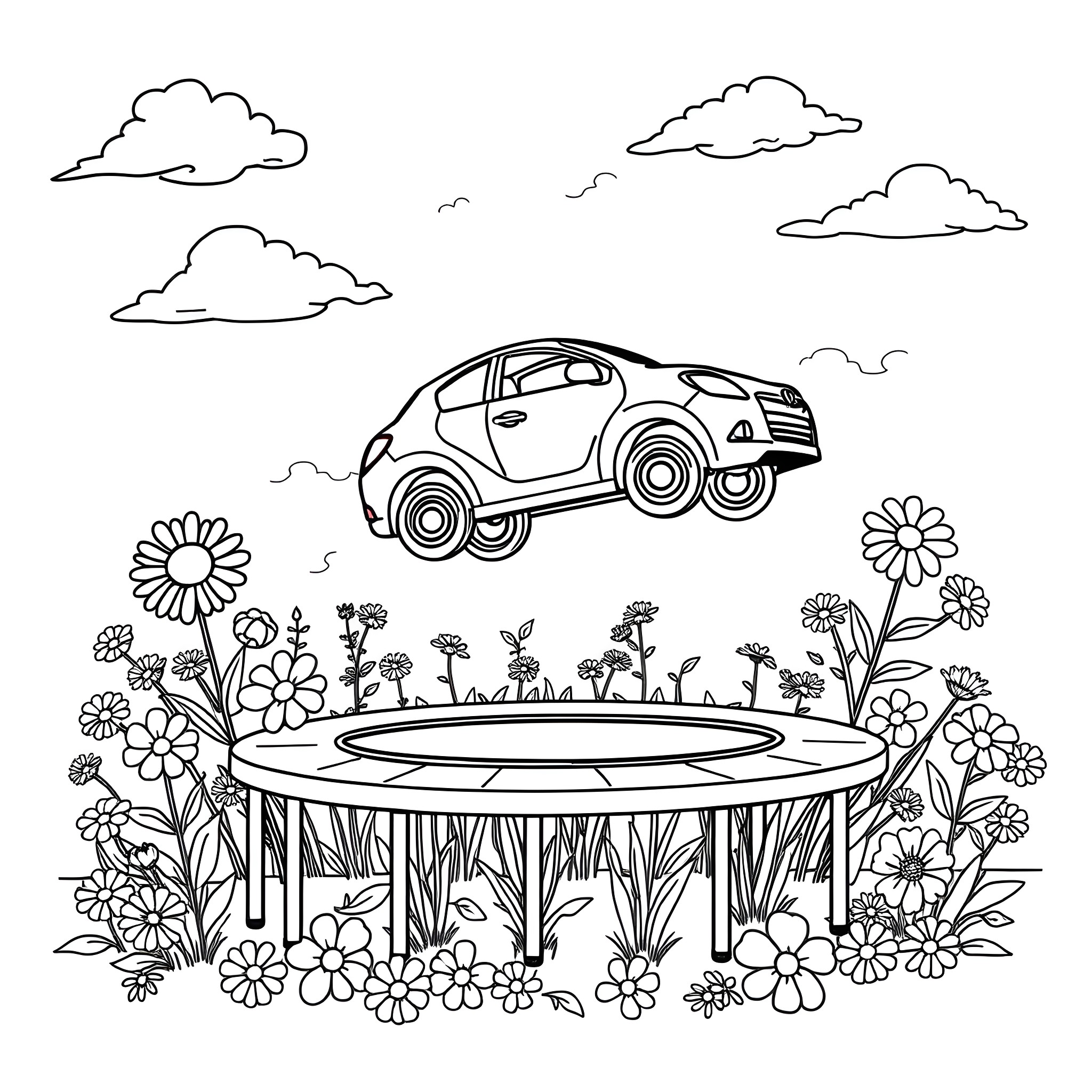 Car driving among flowers in a garden Coloring Page (free black-and-white line drawing printable PDF for all, from beginners to advanced learners, including children, teens, adults, and seniors)