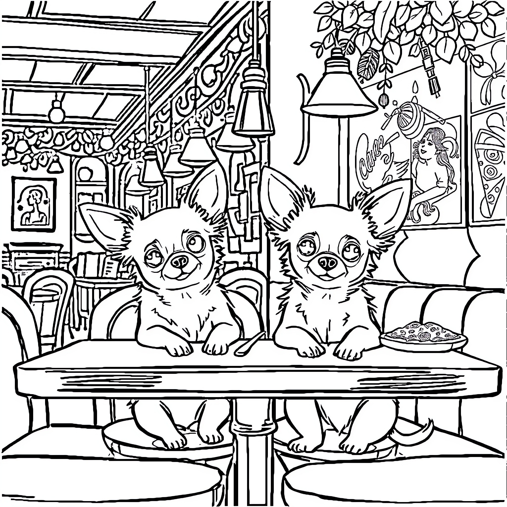 Chihuahuas relaxing in a cozy home setting Coloring Page (free black-and-white line drawing printable PDF for all, from beginners to advanced learners, including children, teens, adults, and seniors)