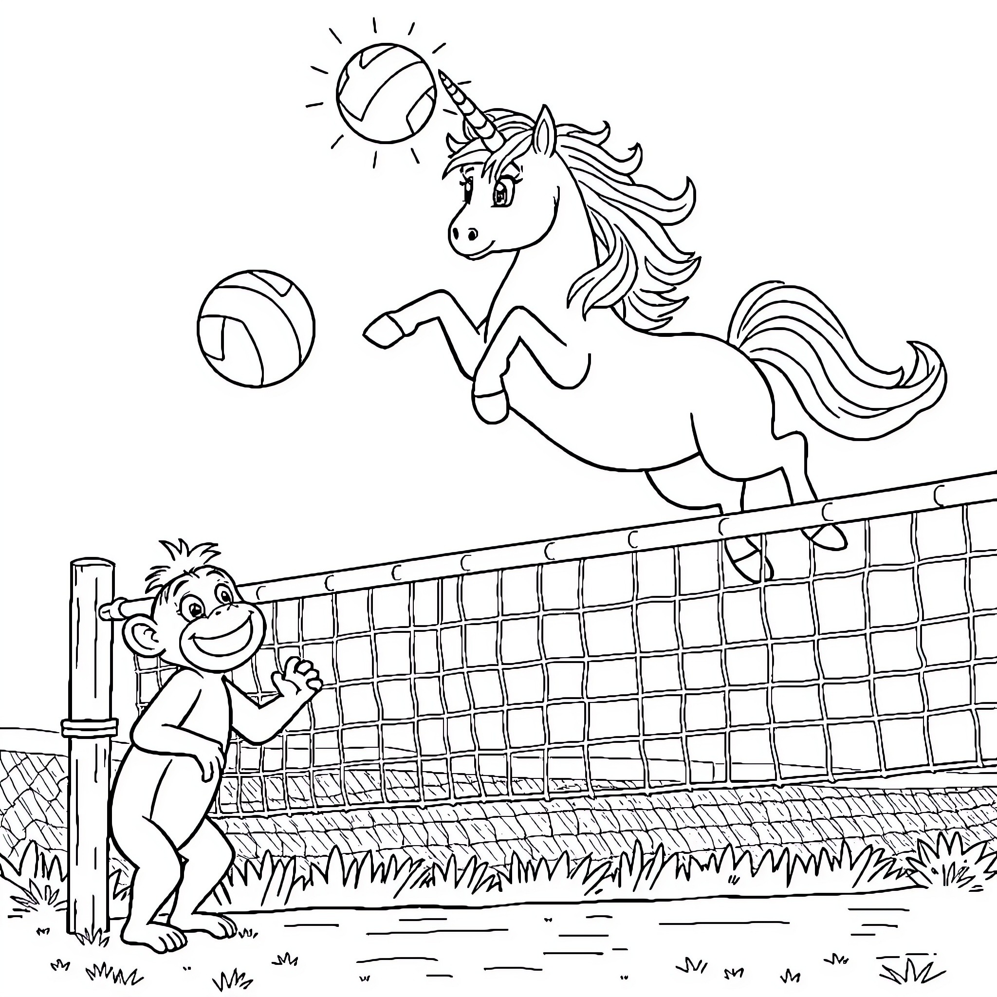 Unicorn playing volleyball with a monkey on the beach Coloring Page (free black-and-white line drawing printable PDF for all, from beginners to advanced learners, including children, teens, adults, and seniors)