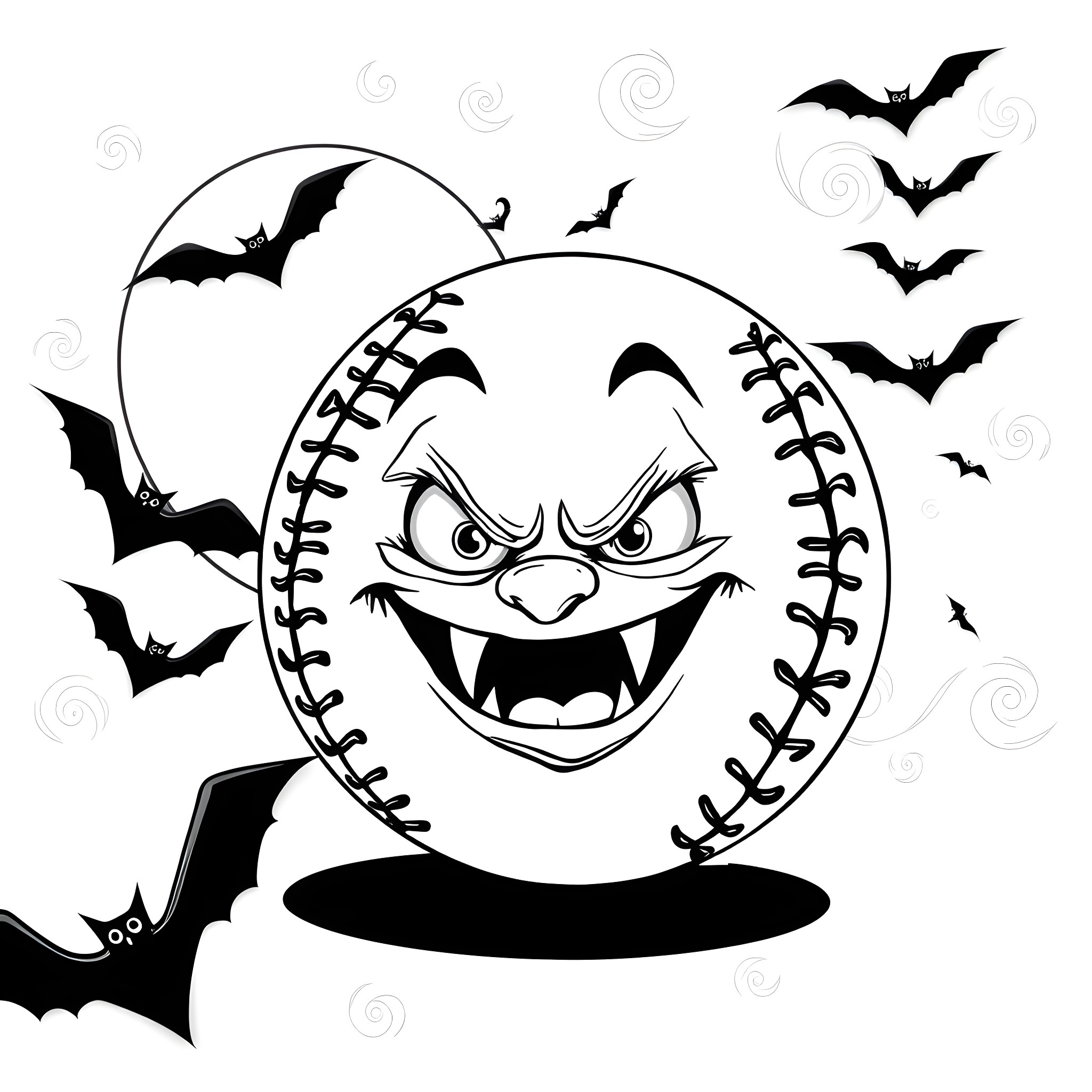 Baseball with menacing face and bats in the moonlight Coloring Page (free black-and-white line drawing printable PDF for all, from beginners to advanced learners, including children, teens, adults, and seniors)