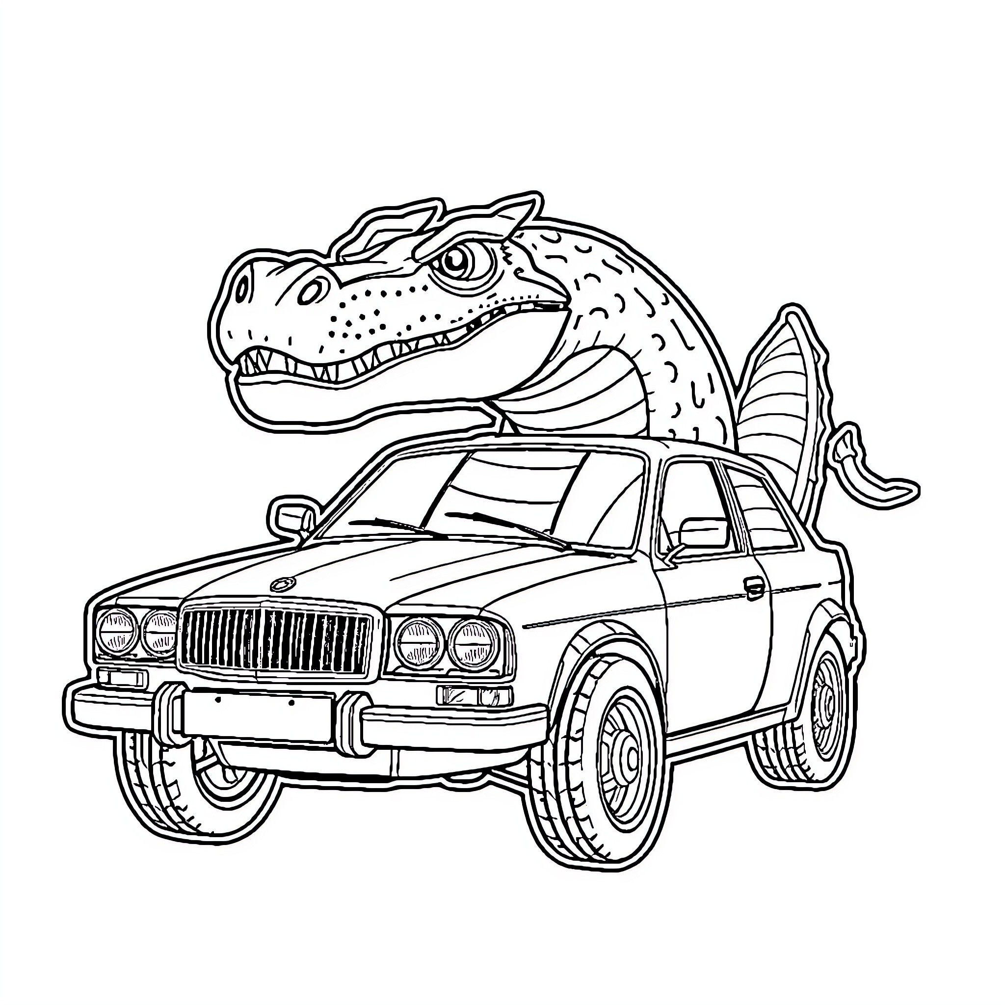 Auto Dinosaur Riding on Car Coloring Page (free black-and-white line drawing printable PDF for all, from beginners to advanced learners, including children, teens, adults, and seniors)