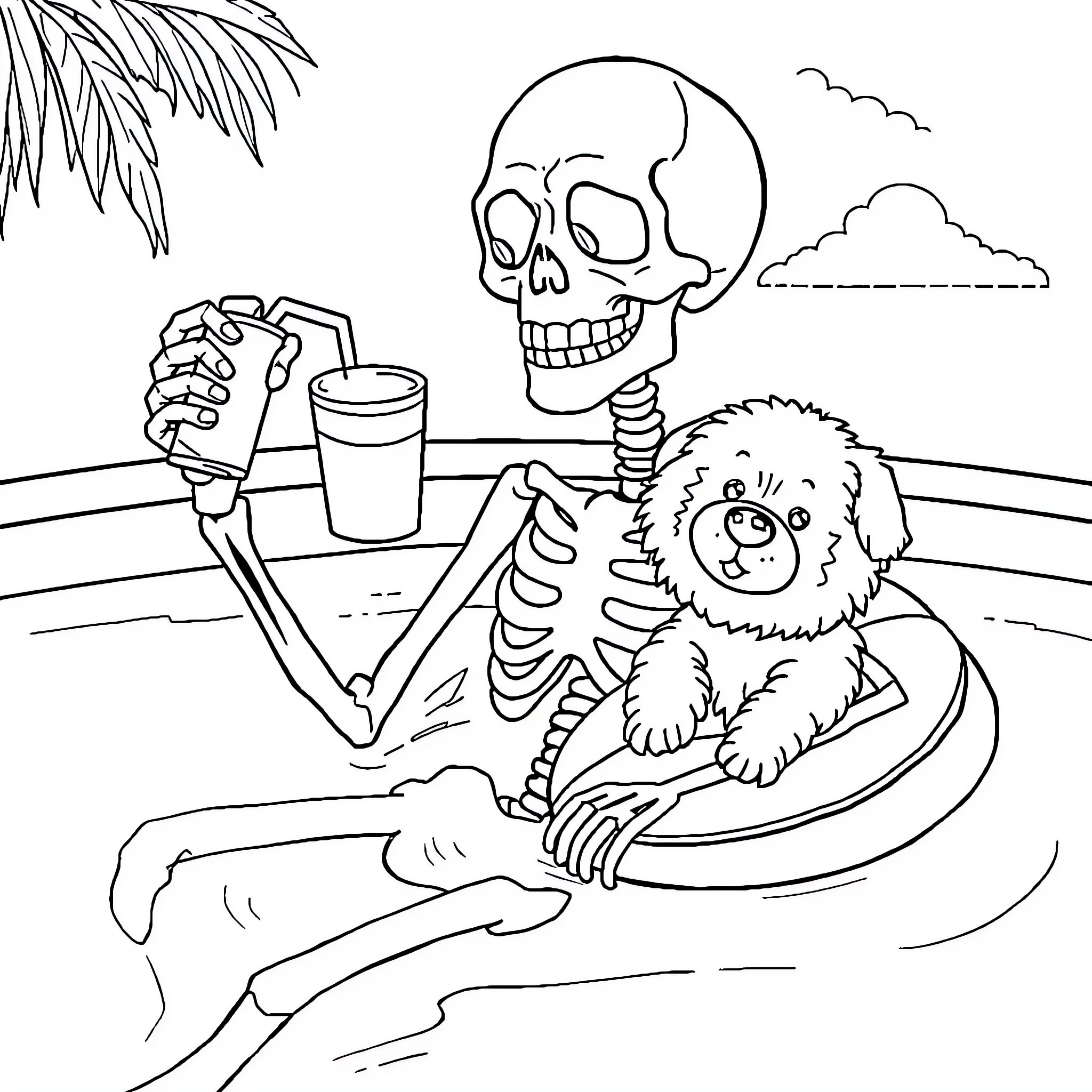 Skeleton relaxing on the beach with a pet dog Coloring Page (free black-and-white line drawing printable PDF for all, from beginners to advanced learners, including children, teens, adults, and seniors)