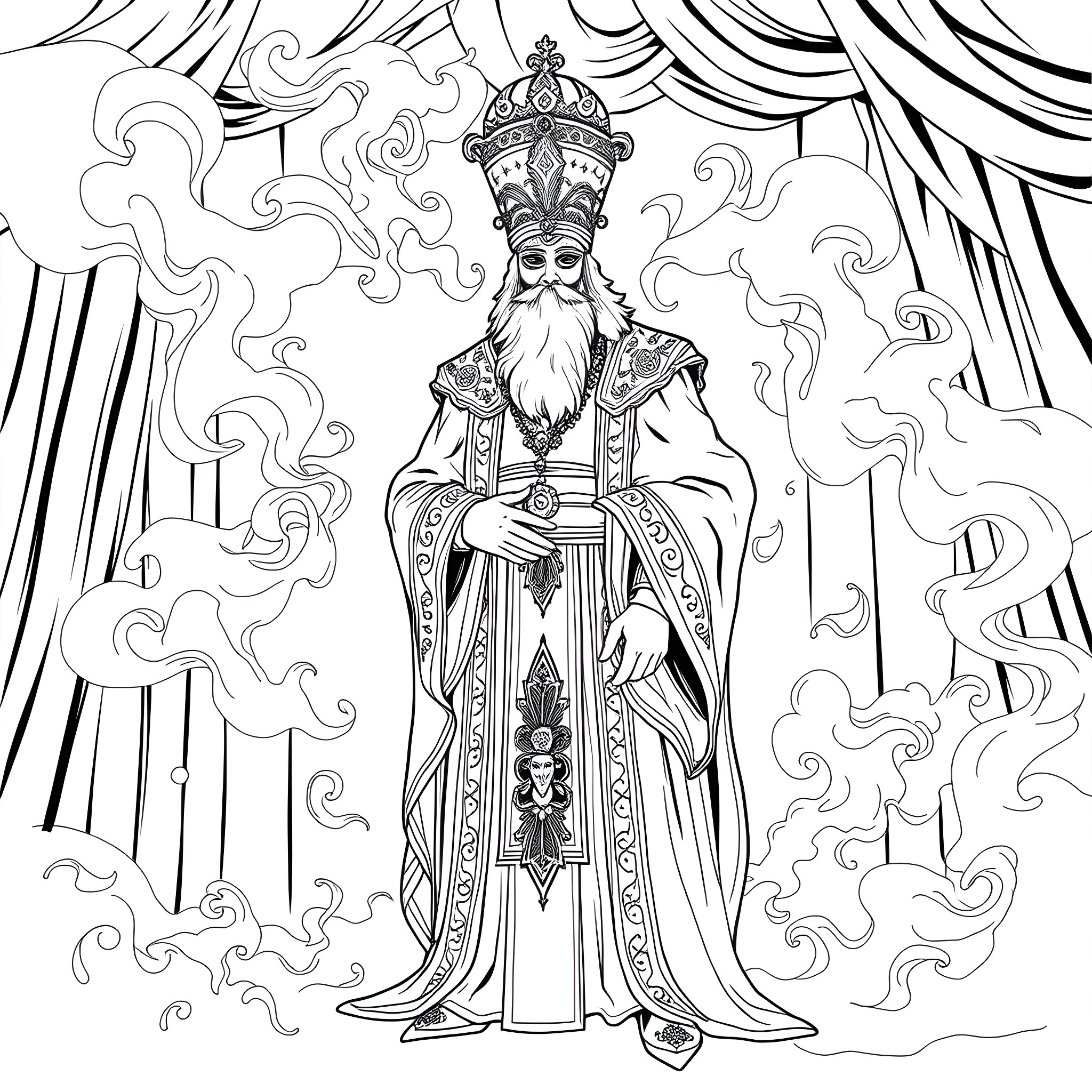 Papa Perpetua's Regal Apparition Coloring Page (free black-and-white line drawing printable PDF for all, from beginners to advanced learners, including children, teens, adults, and seniors)