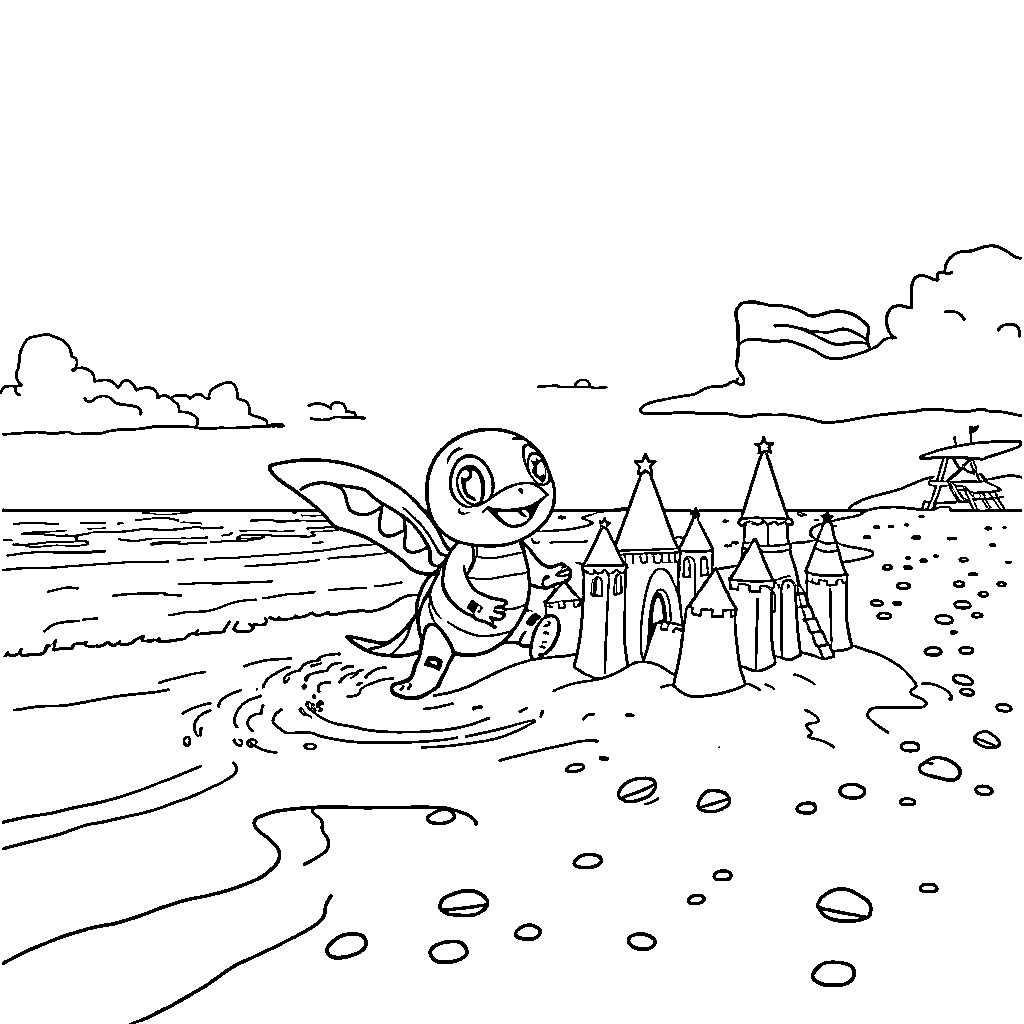 Paw Patrol character on a beach with sandcastles Coloring Page (free black-and-white line drawing printable PDF for all, from beginners to advanced learners, including children, teens, adults, and seniors)