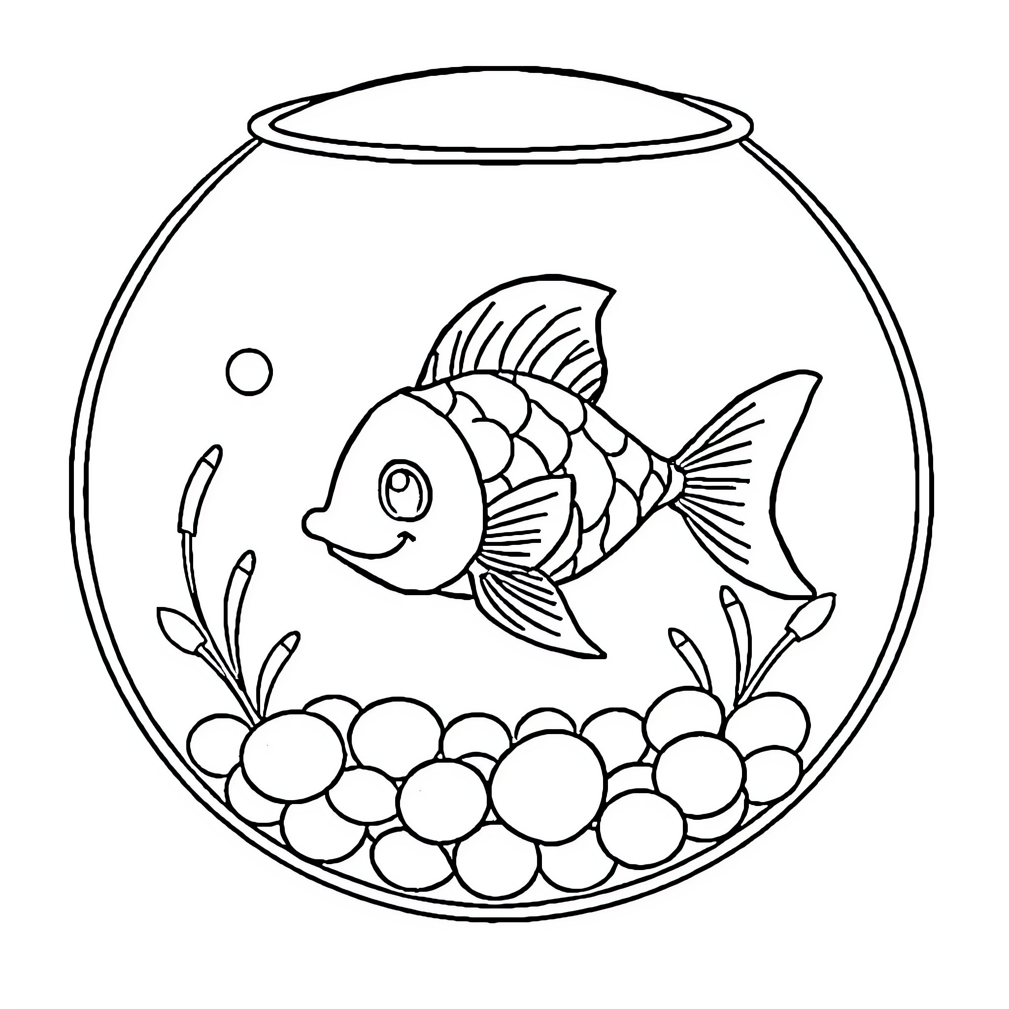 Fish swimming happily in aquarium Coloring Page (free black-and-white line drawing printable PDF for all, from beginners to advanced learners, including children, teens, adults, and seniors)