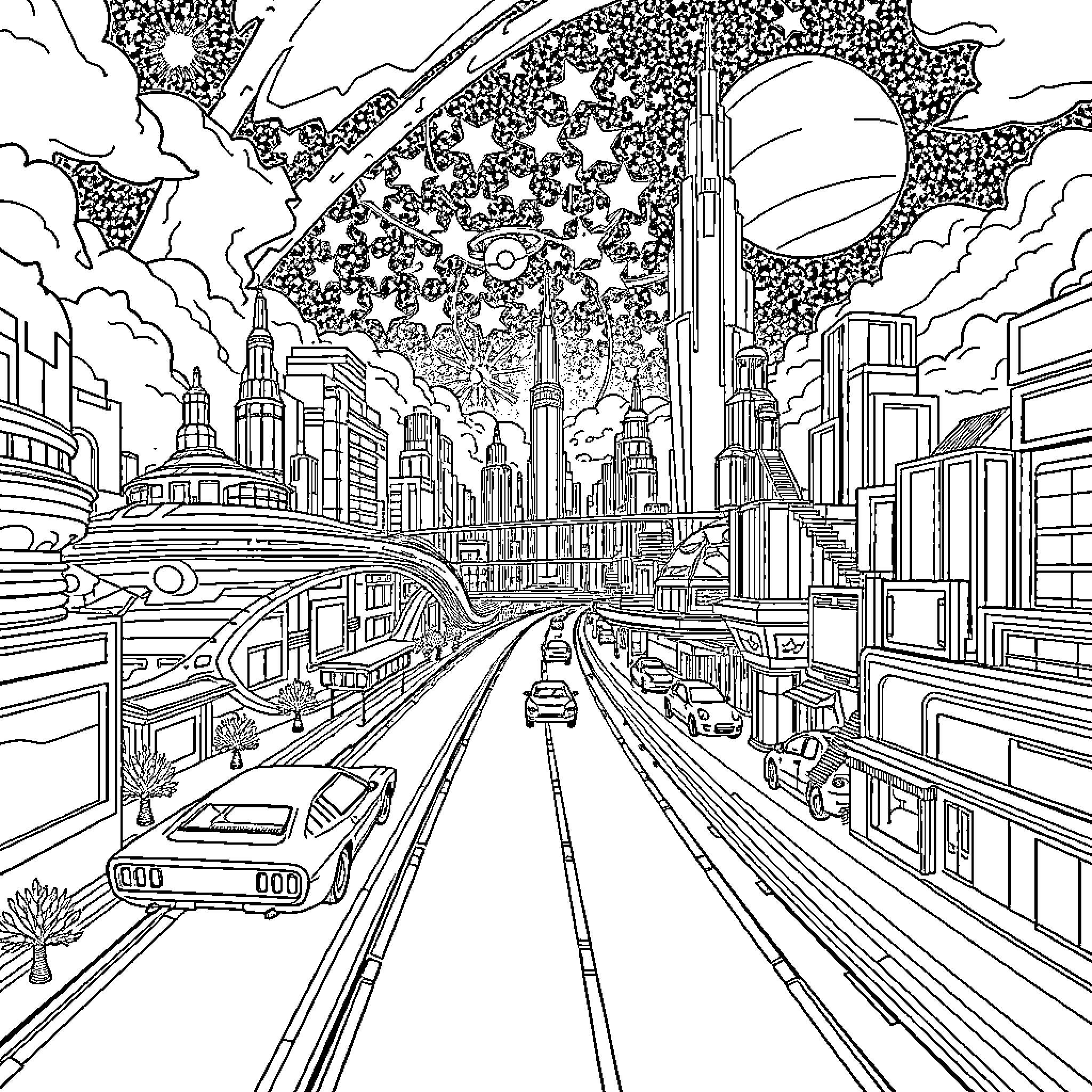 City skyline with futuristic architecture and transportation Coloring Page (free black-and-white line drawing printable PDF for all, from beginners to advanced learners, including children, teens, adults, and seniors)