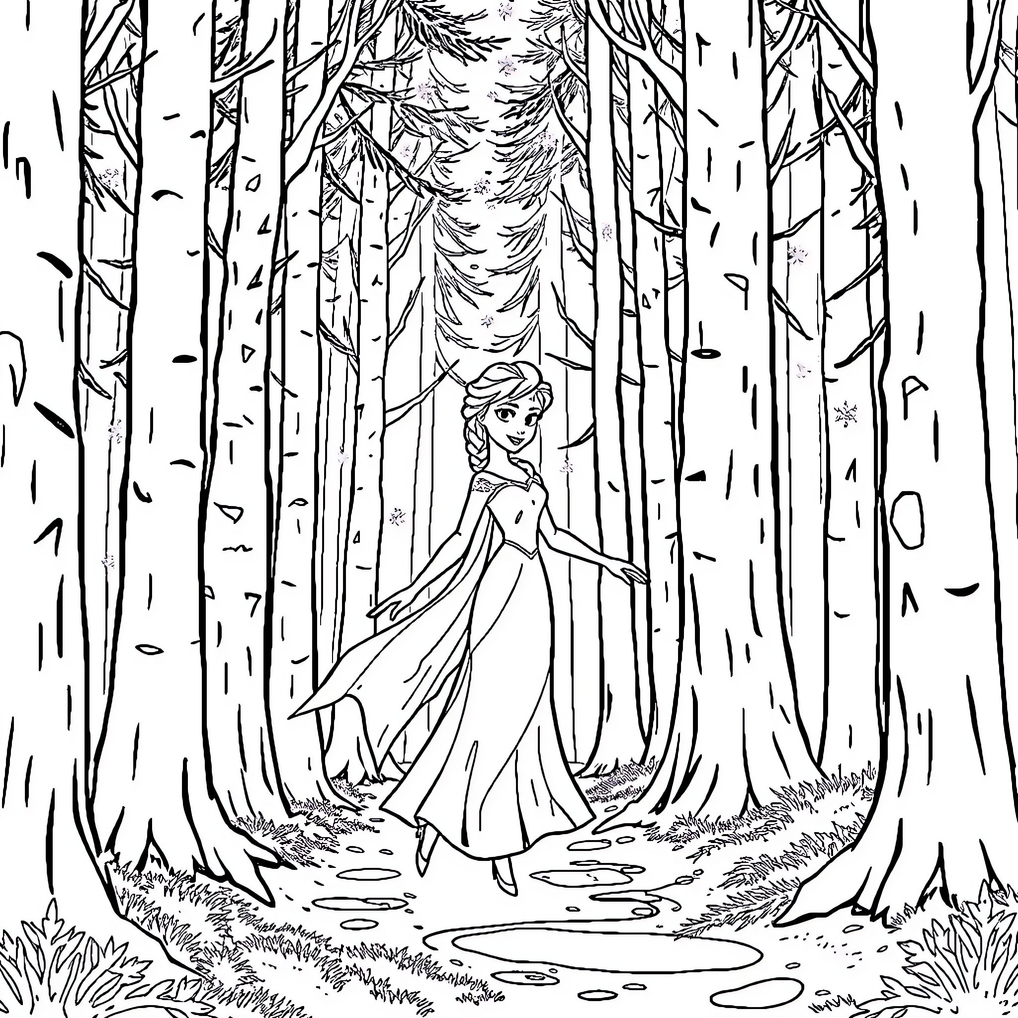 Elsa's Enchanted Forest Adventure Coloring Page (free black-and-white line drawing printable PDF for all, from beginners to advanced learners, including children, teens, adults, and seniors)