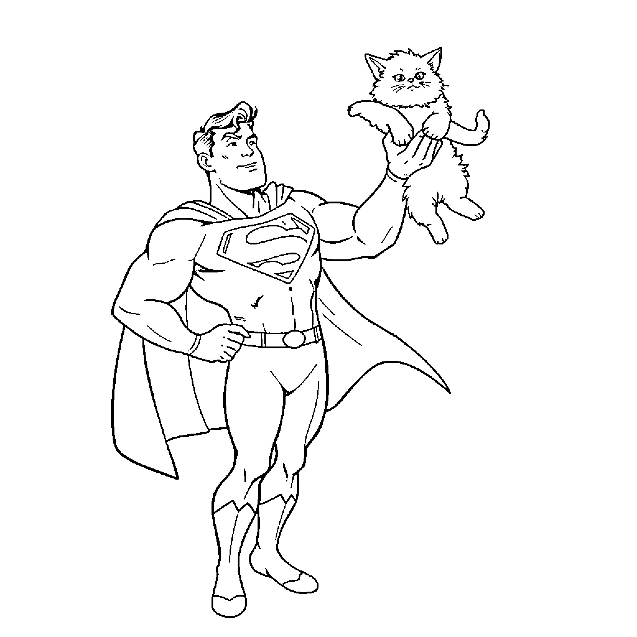 Superman rescuing a playful kitten Coloring Page (free black-and-white line drawing printable PDF for all, from beginners to advanced learners, including children, teens, adults, and seniors)