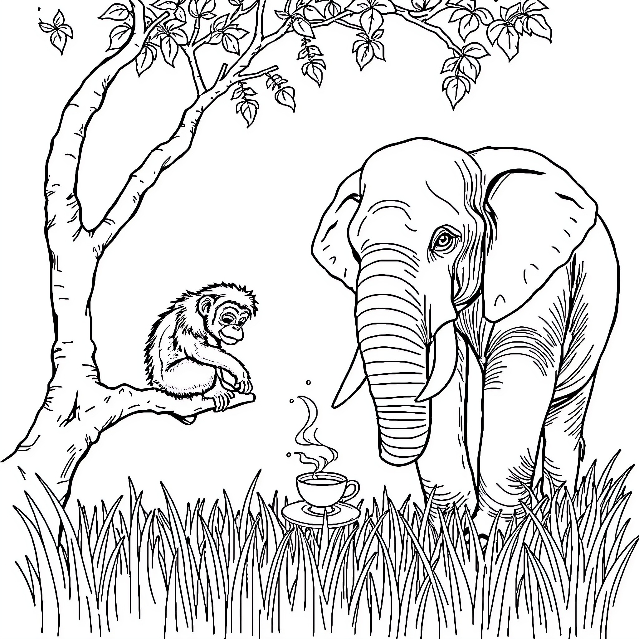 Orangutan and Elephant in a Peaceful Forest Scene Coloring Page (free black-and-white line drawing printable PDF for all, from beginners to advanced learners, including children, teens, adults, and seniors)