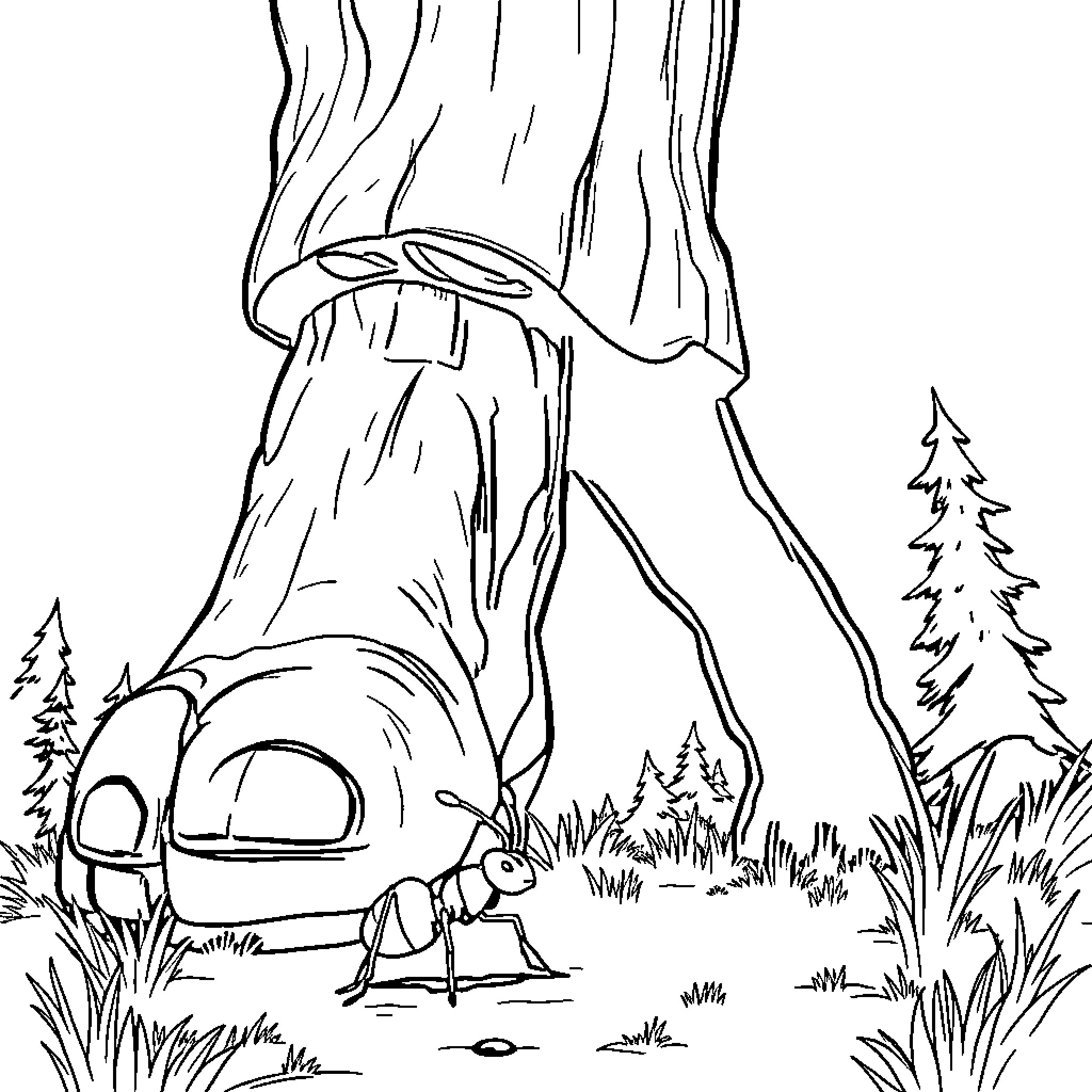 Giant Campers Exploring Scenic Wilderness Coloring Page (free black-and-white line drawing printable PDF for all, from beginners to advanced learners, including children, teens, adults, and seniors)