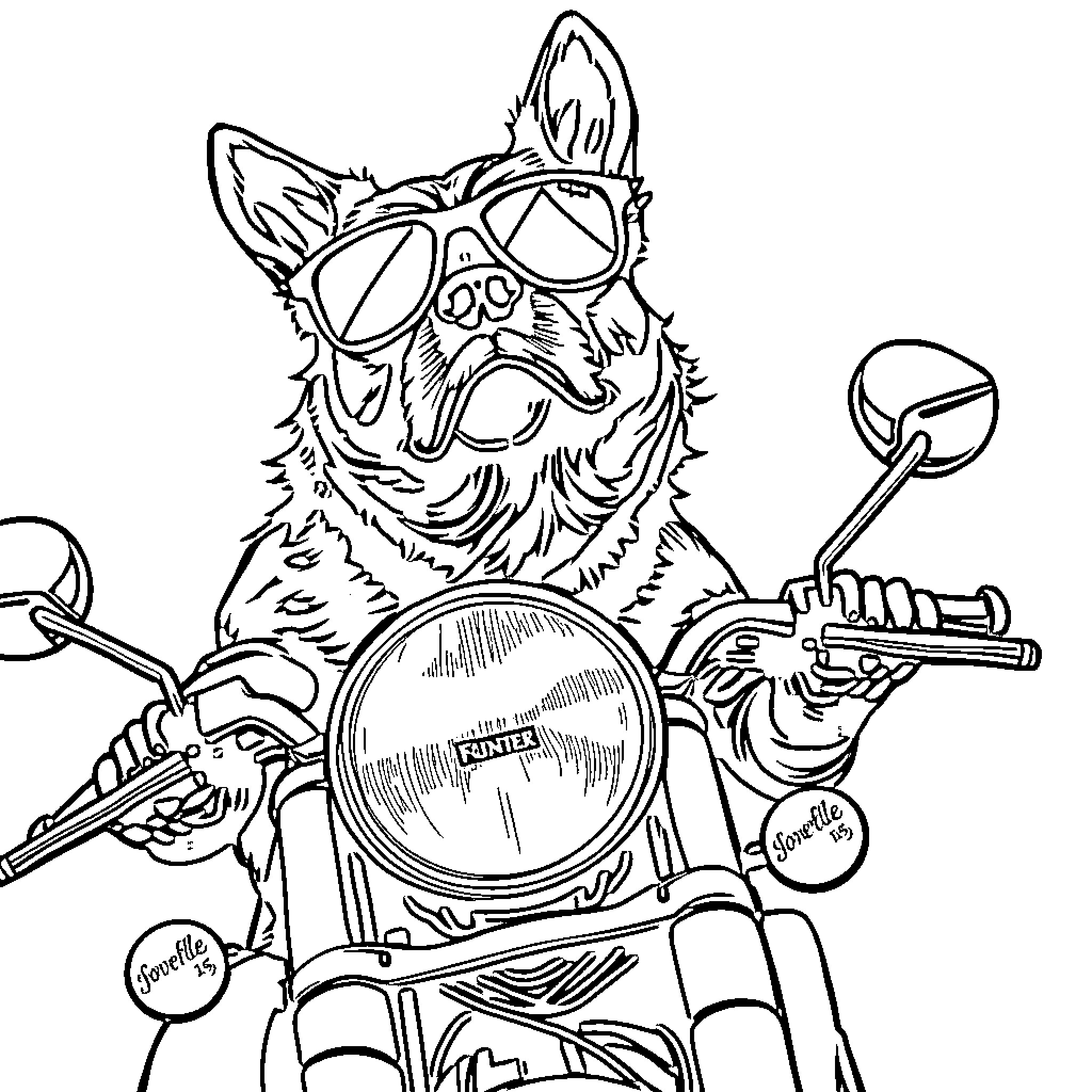 Dog riding motorcycle in sunglasses Coloring Page (free black-and-white line drawing printable PDF for all, from beginners to advanced learners, including children, teens, adults, and seniors)