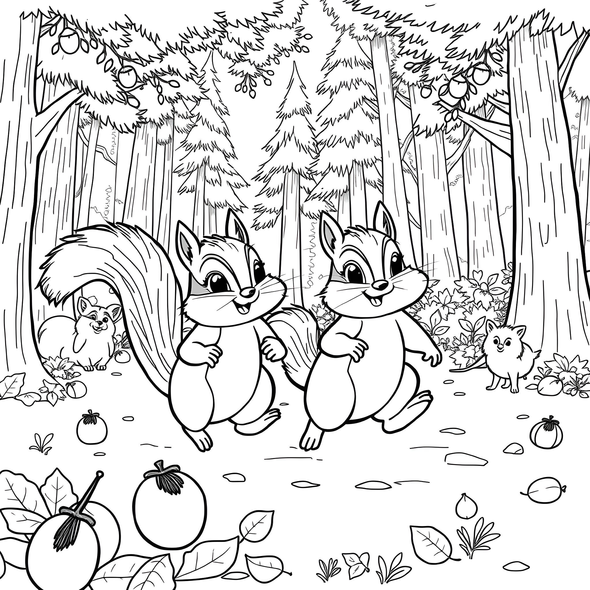 Chip and Chipmunk Friends in the Forest Coloring Page (free black-and-white line drawing printable PDF for all, from beginners to advanced learners, including children, teens, adults, and seniors)