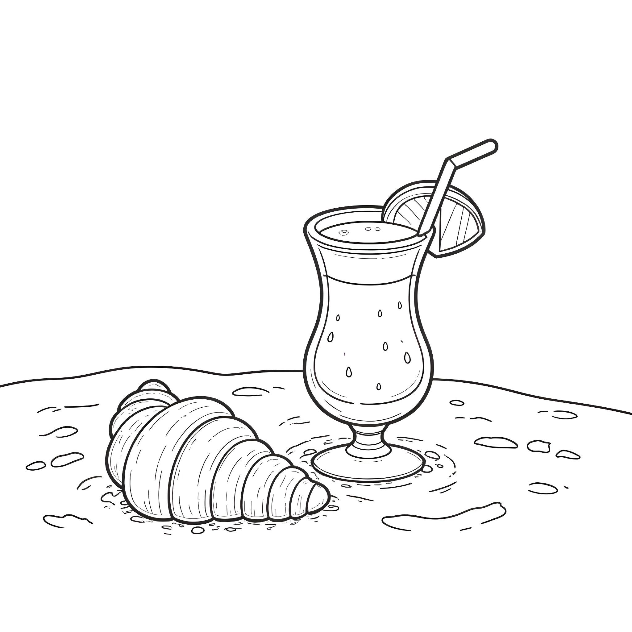 Croissant and Tropical Drink on Beach Coloring Page (free black-and-white line drawing printable PDF for all, from beginners to advanced learners, including children, teens, adults, and seniors)
