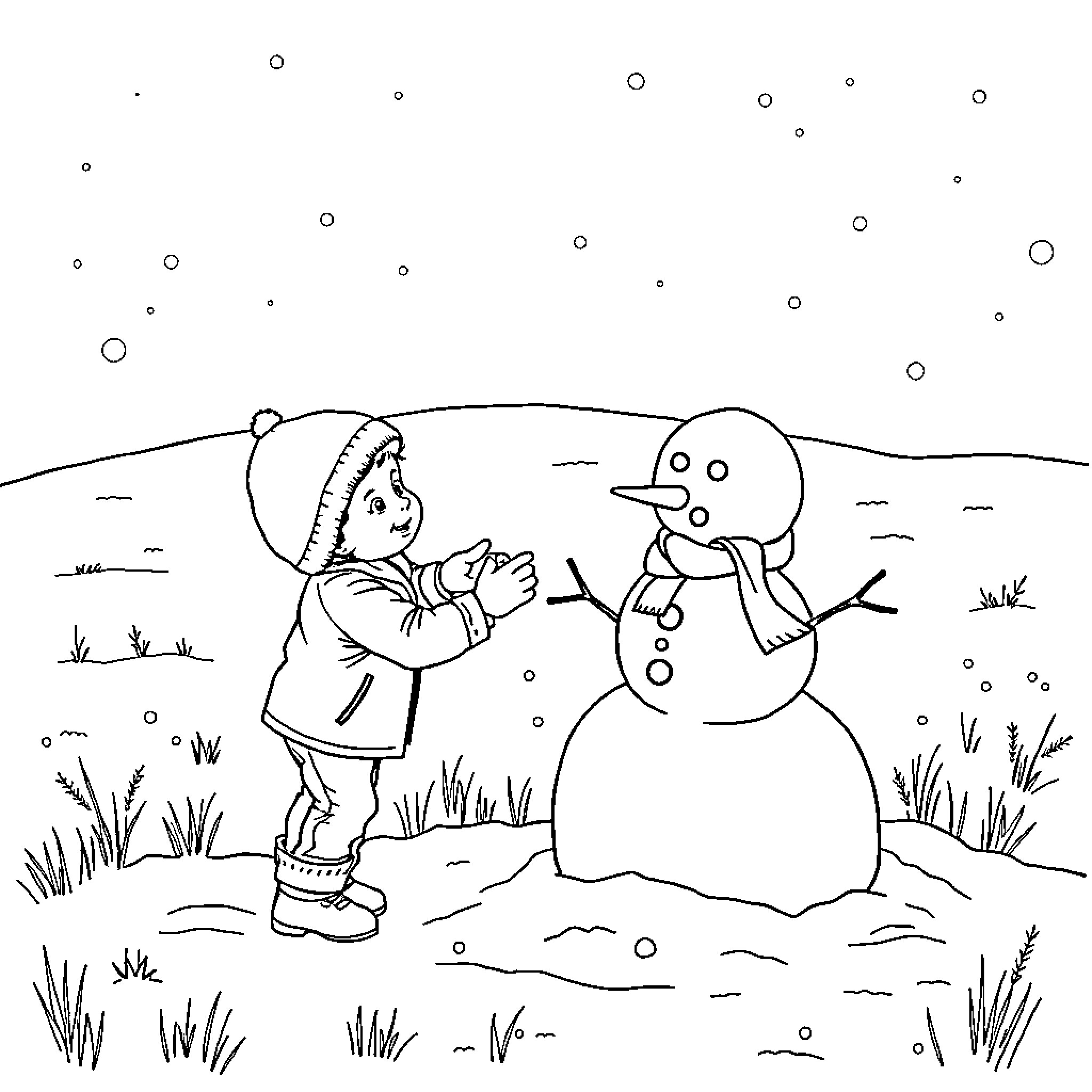 Boy building a snowman in the winter landscape Coloring Page (free black-and-white line drawing printable PDF for all, from beginners to advanced learners, including children, teens, adults, and seniors)
