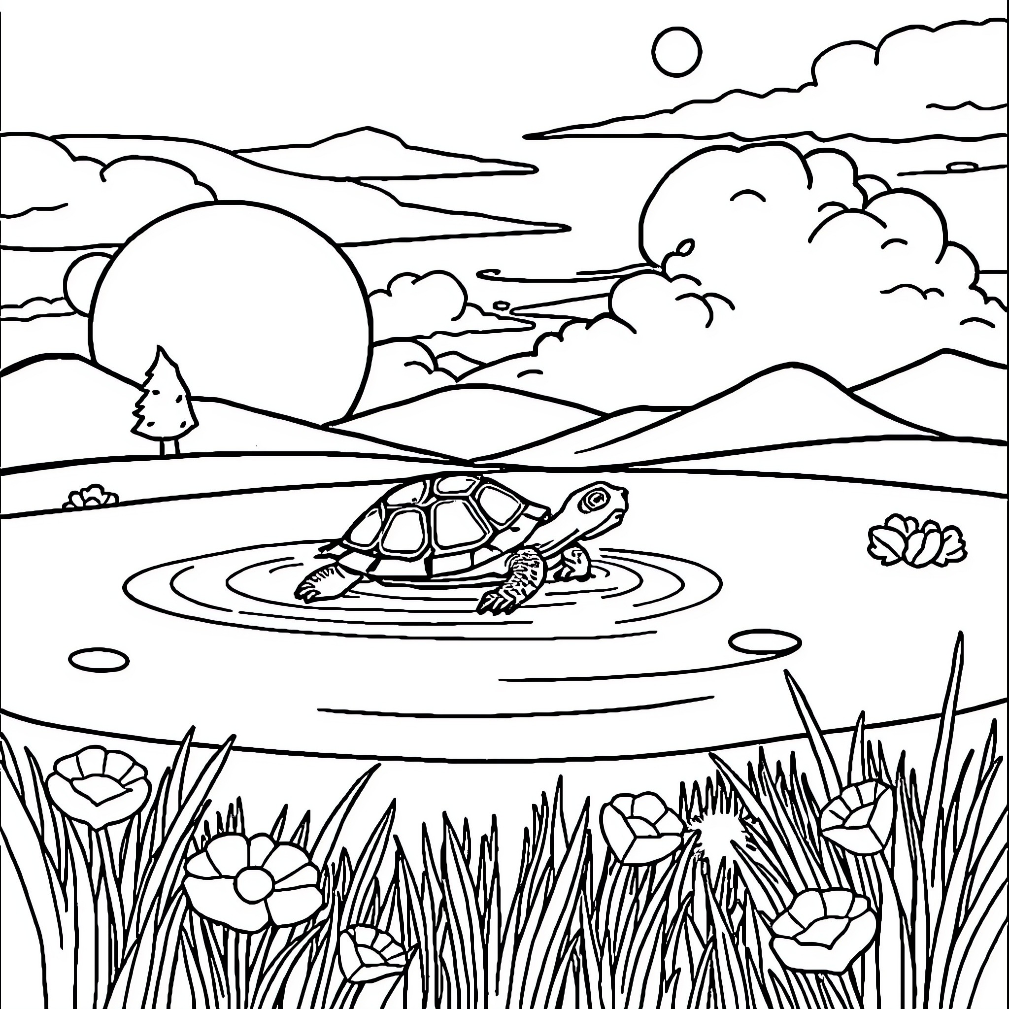 Turtle swimming in a tranquil pond Coloring Page (free black-and-white line drawing printable PDF for all, from beginners to advanced learners, including children, teens, adults, and seniors)