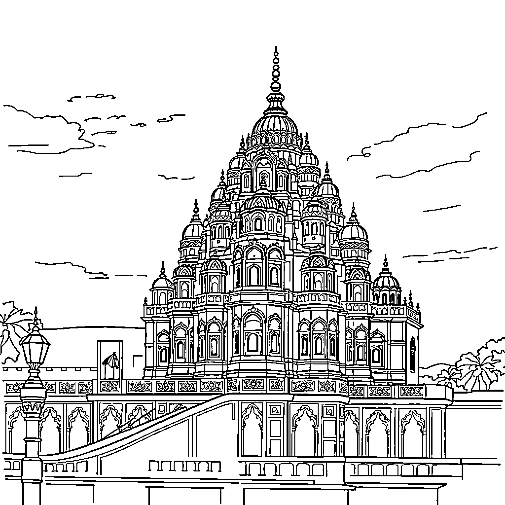 Hwa Mahal - Ornate Palace Architecture in Sketch Coloring Page (free black-and-white line drawing printable PDF for all, from beginners to advanced learners, including children, teens, adults, and seniors)