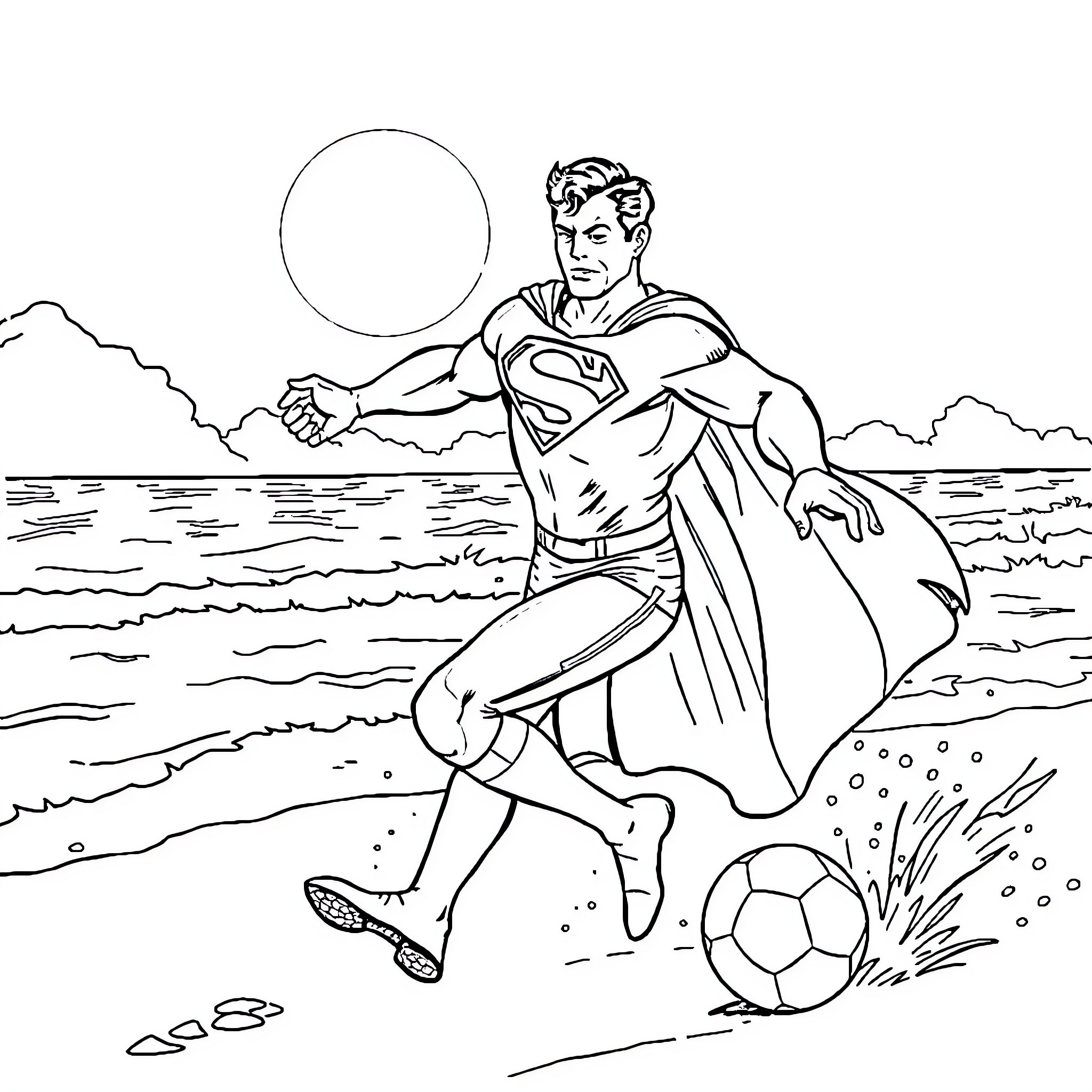 Superman playing soccer on the beach Coloring Page (free black-and-white line drawing printable PDF for all, from beginners to advanced learners, including children, teens, adults, and seniors)