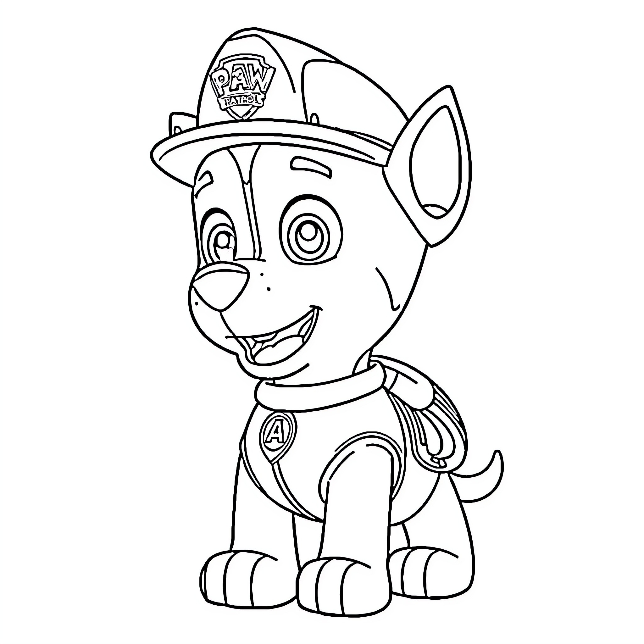 Marshall the Paw Patrol Puppy in Uniform Coloring Page (free black-and-white line drawing printable PDF for all, from beginners to advanced learners, including children, teens, adults, and seniors)