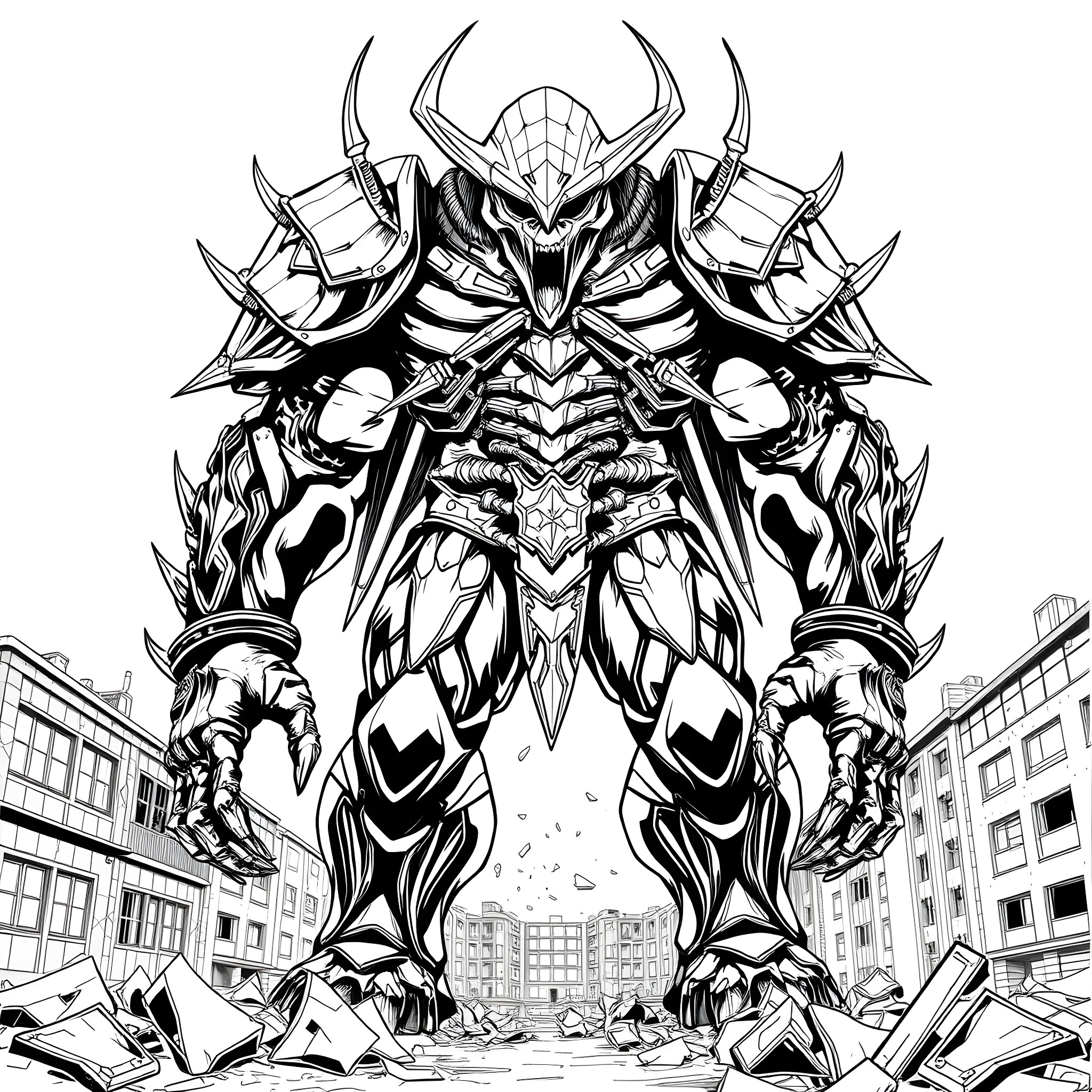 Nemesis - Towering Mecha Warrior Decimating a City Coloring Page (free black-and-white line drawing printable PDF for all, from beginners to advanced learners, including children, teens, adults, and seniors)