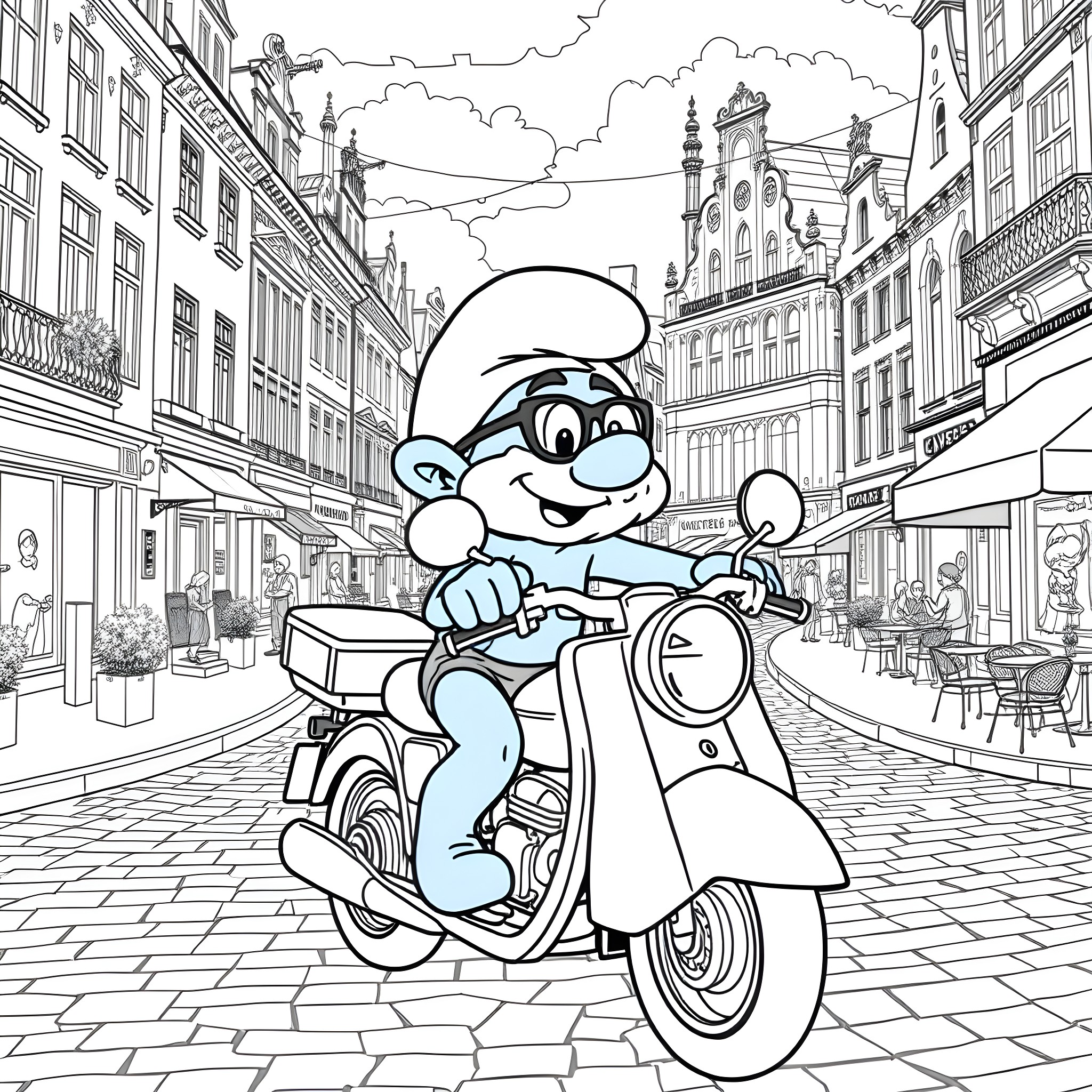 Smurf riding a scooter in a city street Coloring Page (free black-and-white line drawing printable PDF for all, from beginners to advanced learners, including children, teens, adults, and seniors)