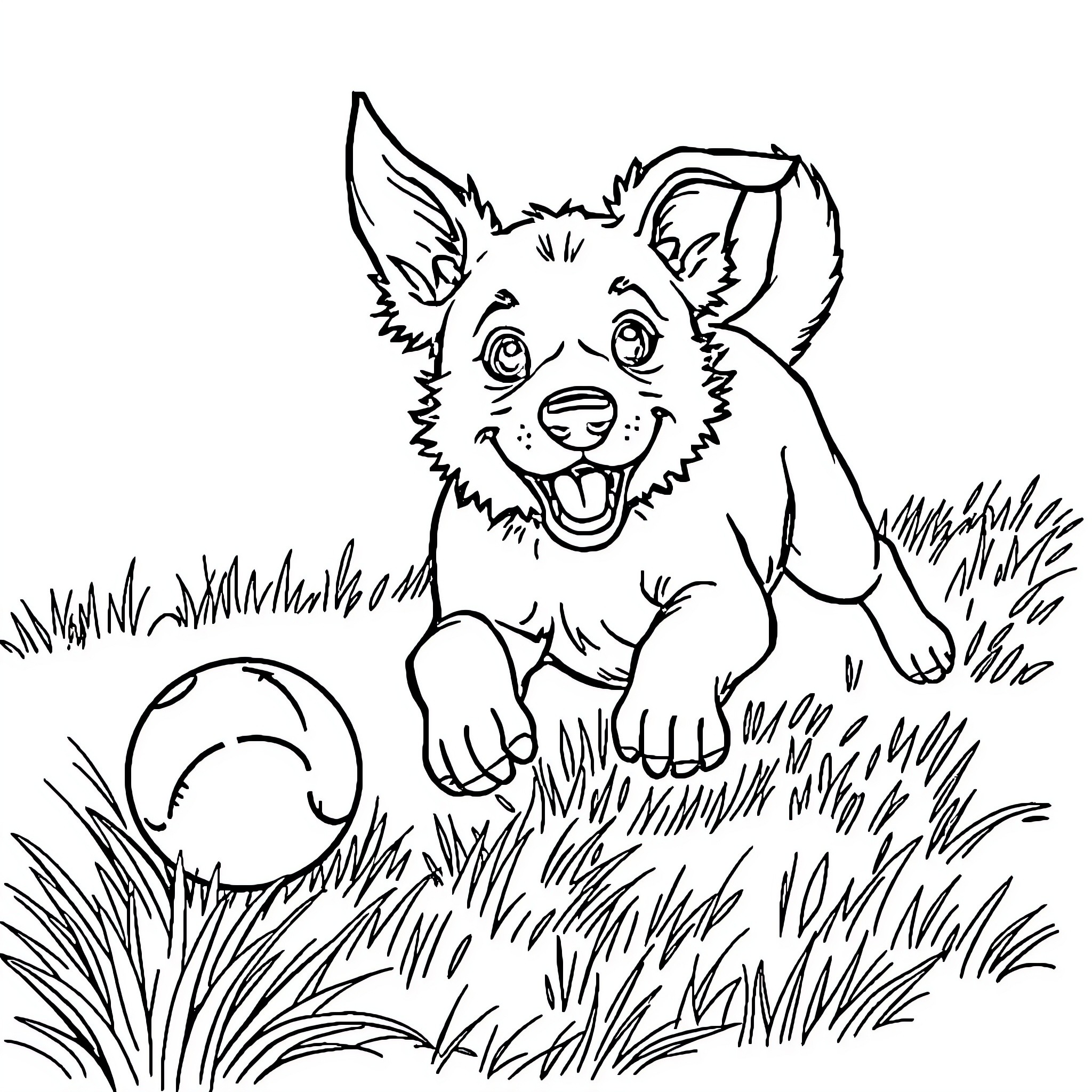 Dog playing with ball in grassy field Coloring Page (free black-and-white line drawing printable PDF for all, from beginners to advanced learners, including children, teens, adults, and seniors)
