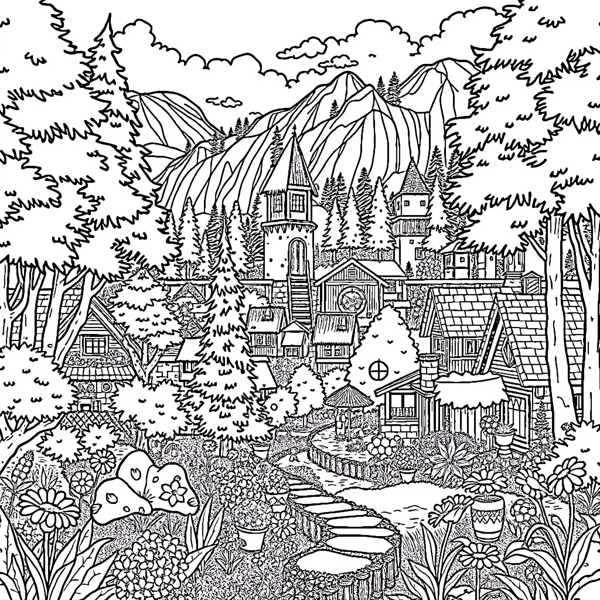 Ulatamen: Whimsical Mountain Village Landscape Coloring Page (free black-and-white line drawing printable PDF for all, from beginners to advanced learners, including children, teens, adults, and seniors)