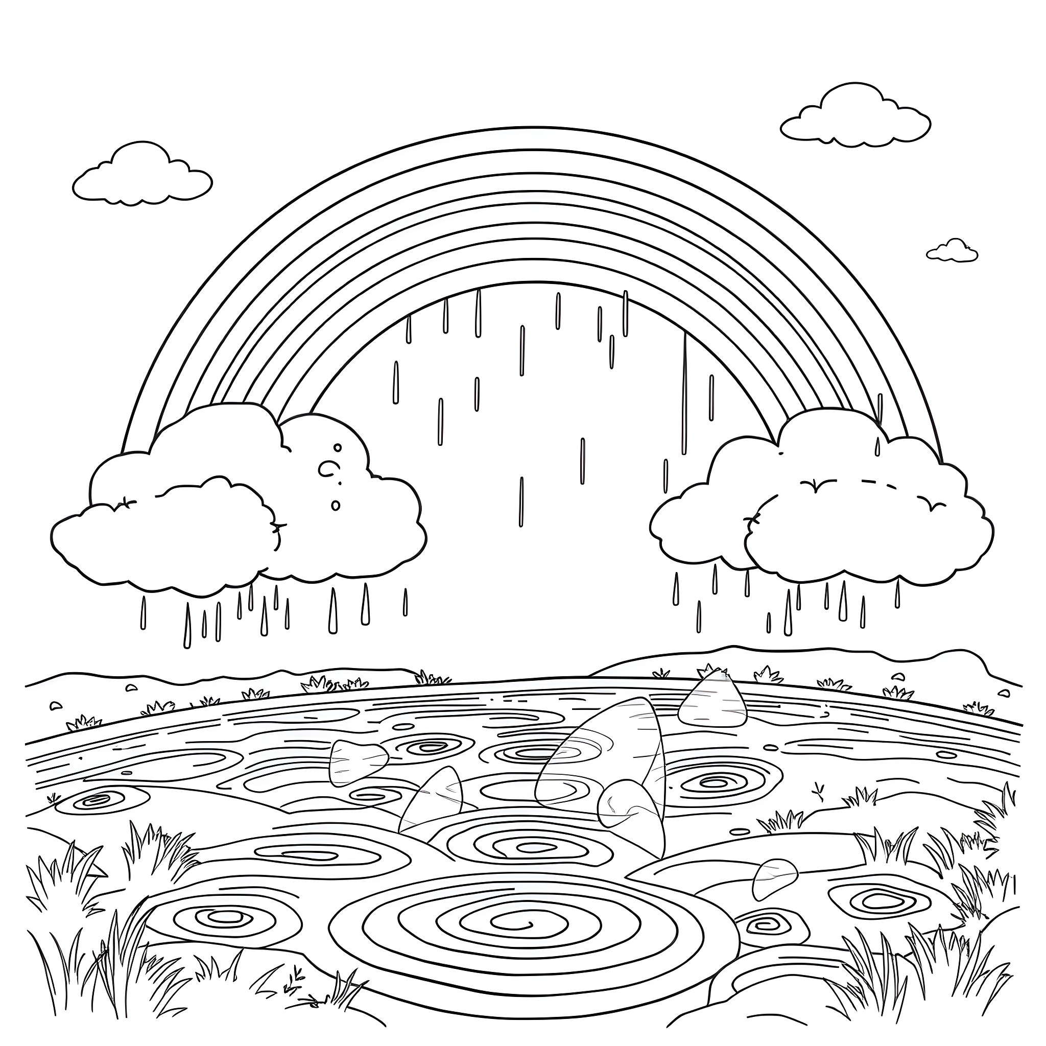 Rainbow Landscape After the Storm Coloring Page (free black-and-white line drawing printable PDF for all, from beginners to advanced learners, including children, teens, adults, and seniors)