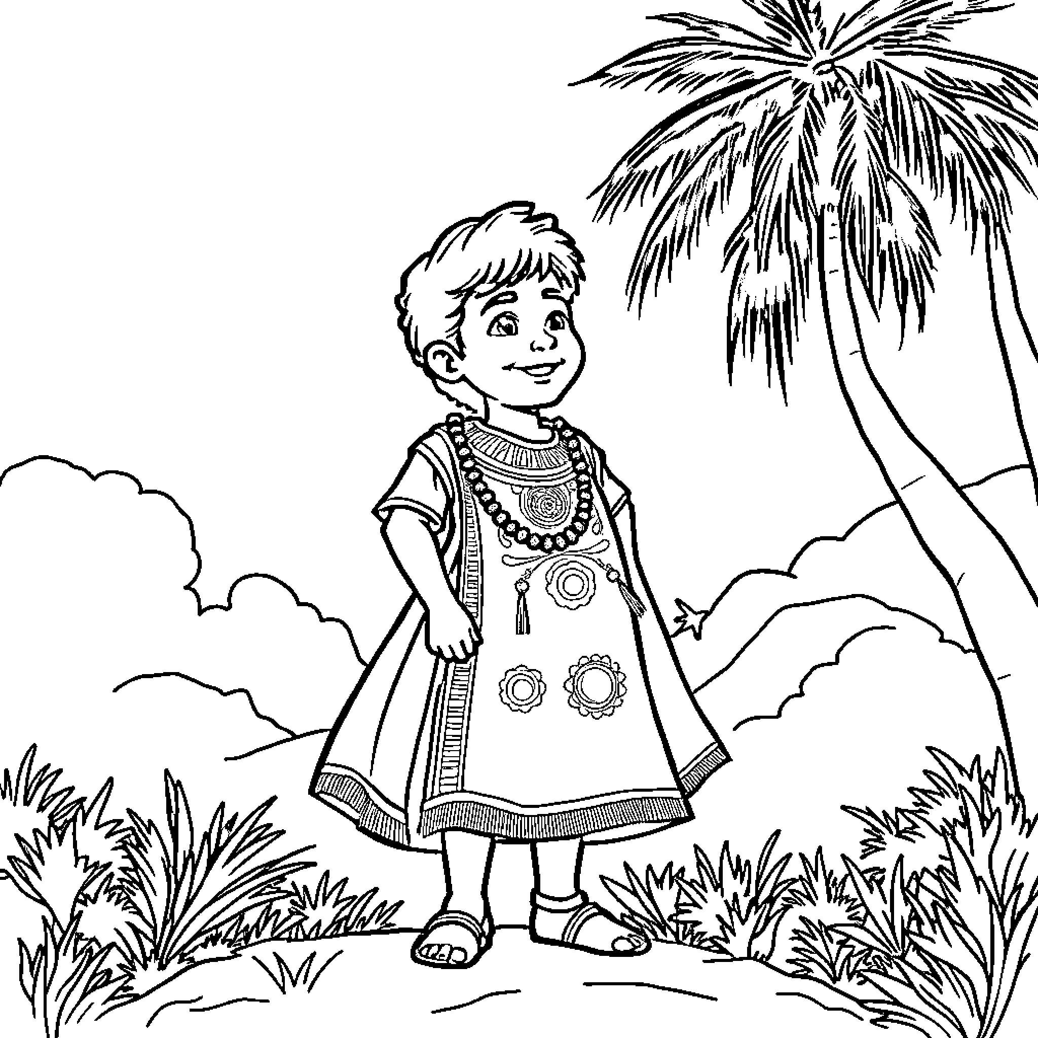Jose enjoying a sunny day in a tropical landscape Coloring Page (free black-and-white line drawing printable PDF for all, from beginners to advanced learners, including children, teens, adults, and seniors)