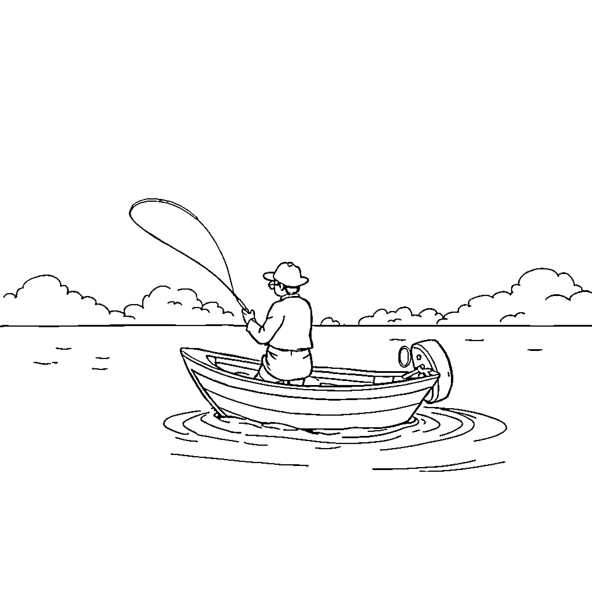 Among Us: Fisherman casts line on open water Coloring Page (free black-and-white line drawing printable PDF for all, from beginners to advanced learners, including children, teens, adults, and seniors)