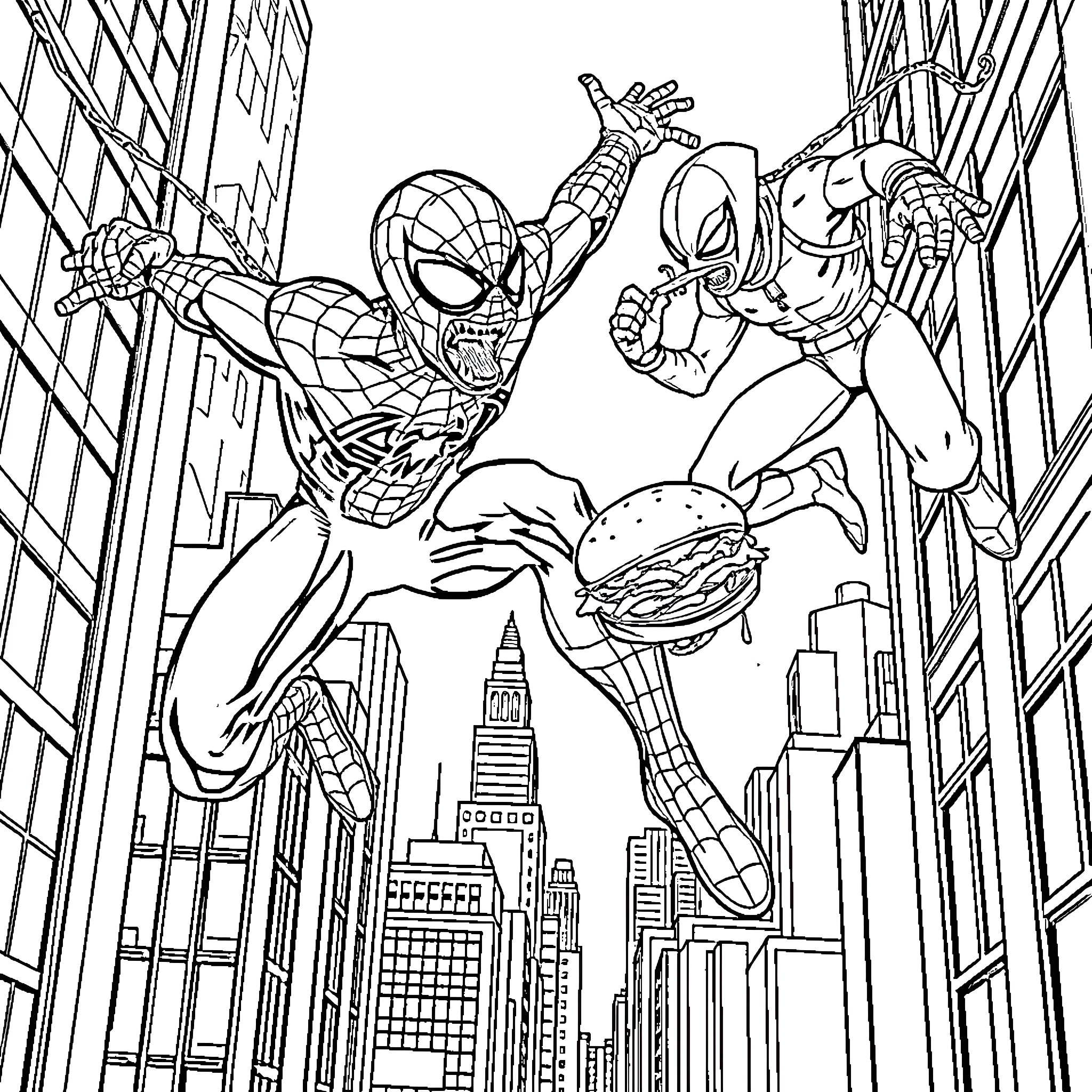 Spiderman fights villain in New York City Coloring Page (free black-and-white line drawing printable PDF for all, from beginners to advanced learners, including children, teens, adults, and seniors)