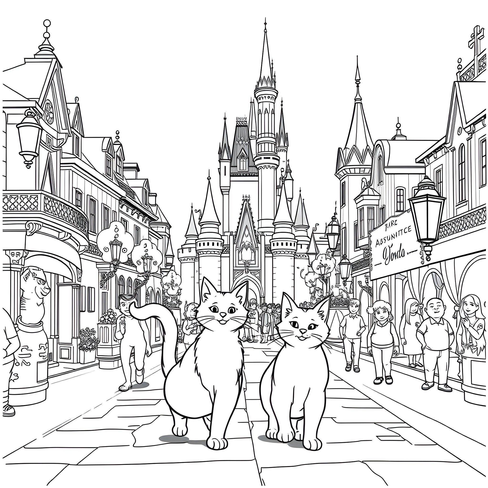 Aristocat cats exploring a magical town Coloring Page (free black-and-white line drawing printable PDF for all, from beginners to advanced learners, including children, teens, adults, and seniors)