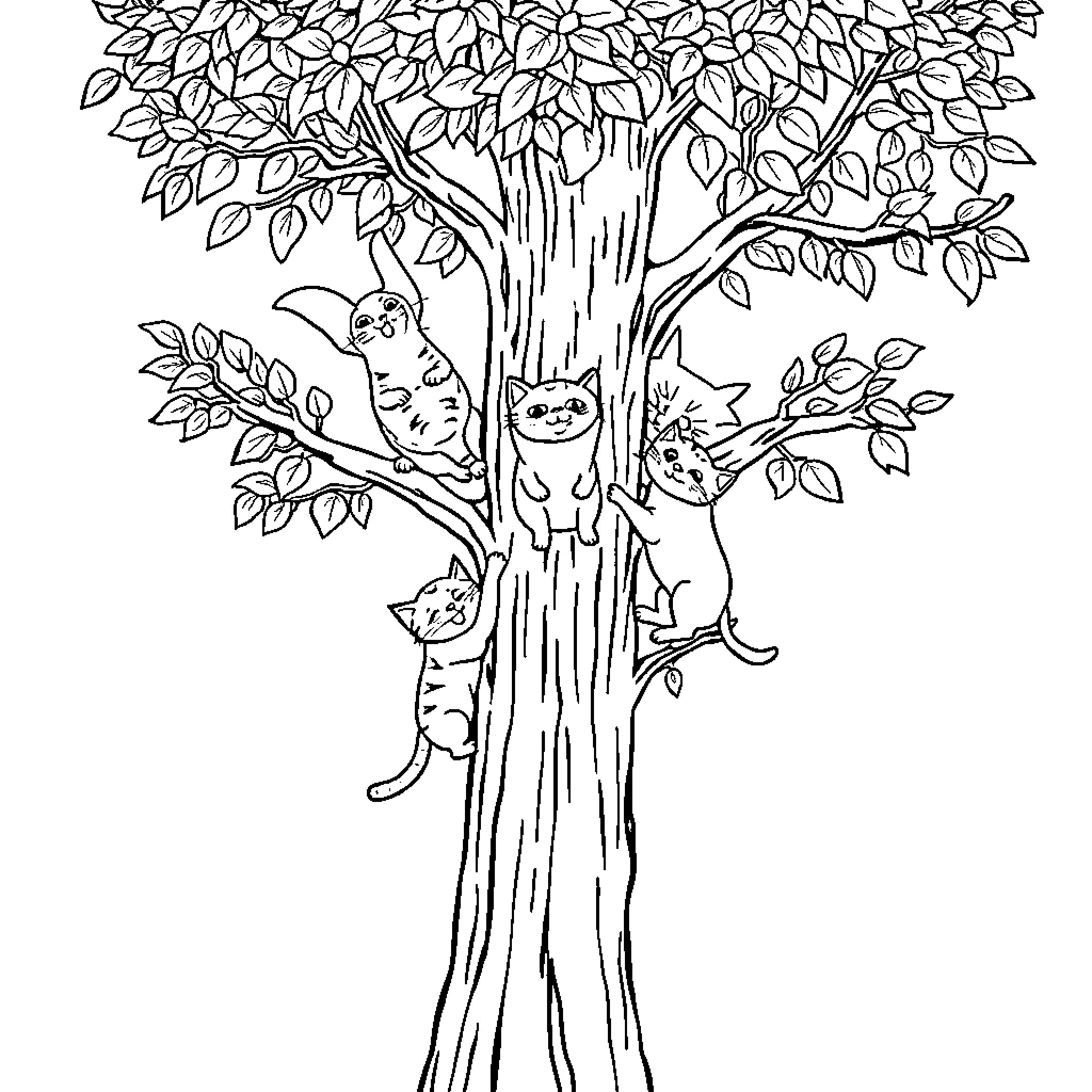 Cat enjoying time in the tree with friends Coloring Page (free black-and-white line drawing printable PDF for all, from beginners to advanced learners, including children, teens, adults, and seniors)