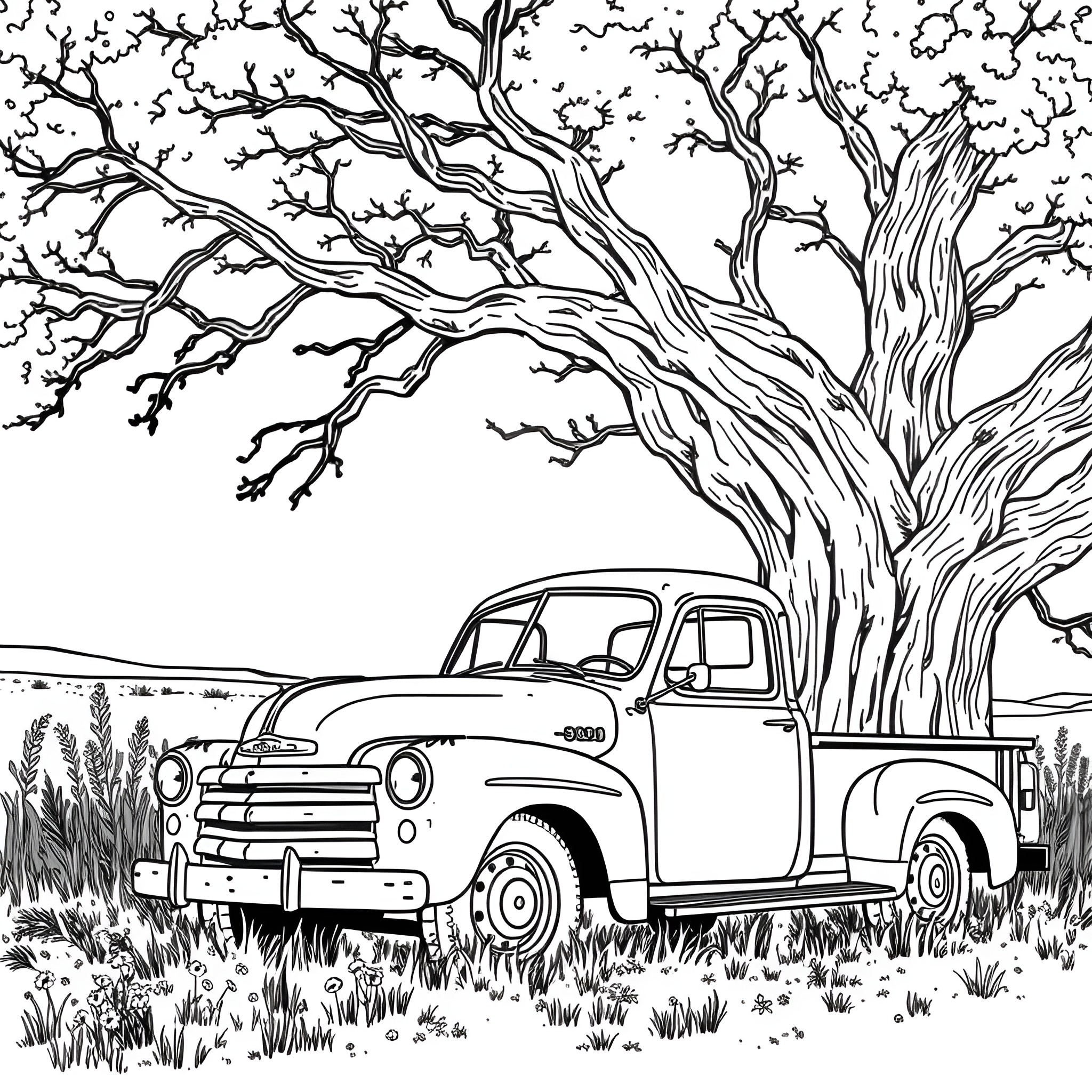 Truck parked under the twisted tree Coloring Page (free black-and-white line drawing printable PDF for all, from beginners to advanced learners, including children, teens, adults, and seniors)