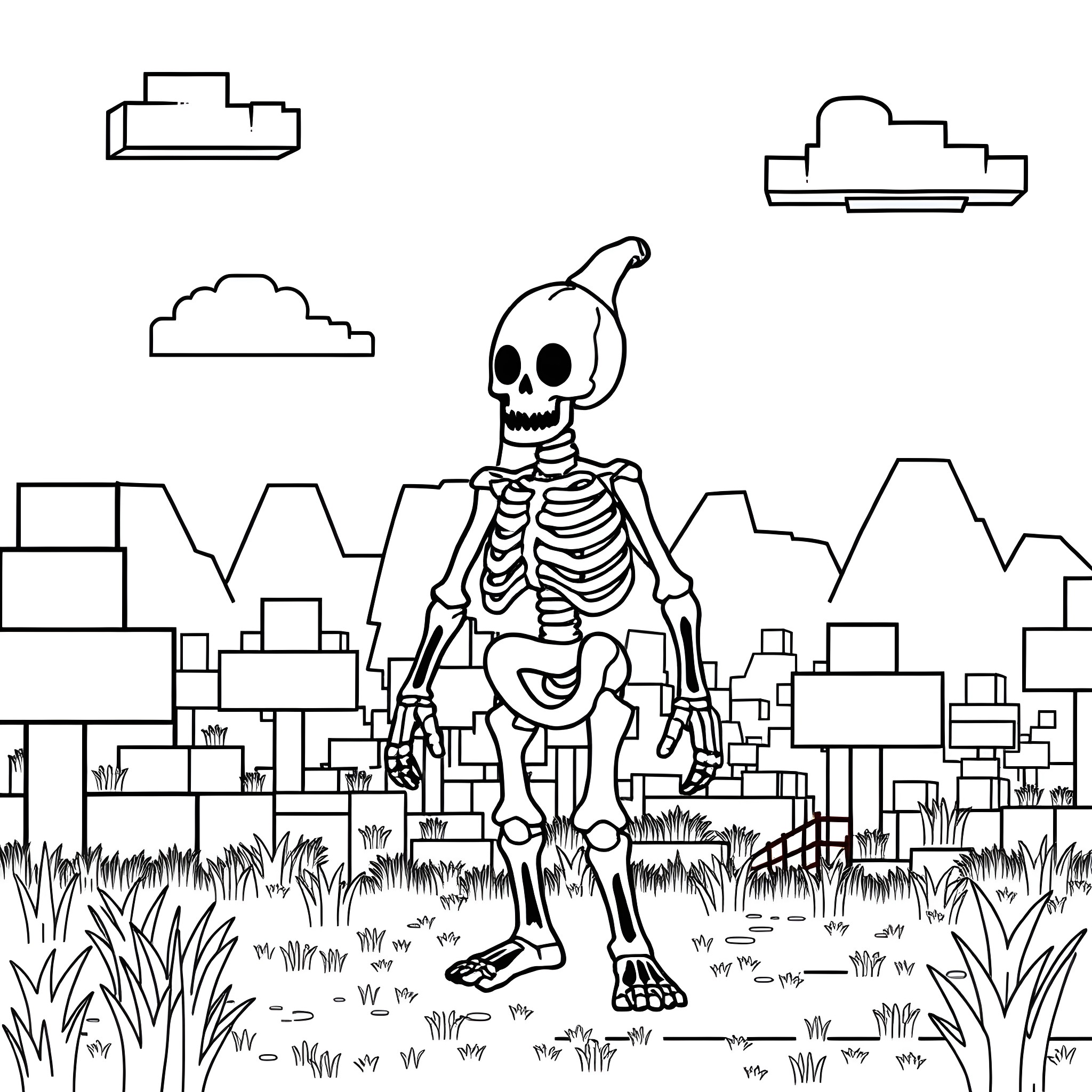 Banana skeleton exploring the city landscape Coloring Page (free black-and-white line drawing printable PDF for all, from beginners to advanced learners, including children, teens, adults, and seniors)