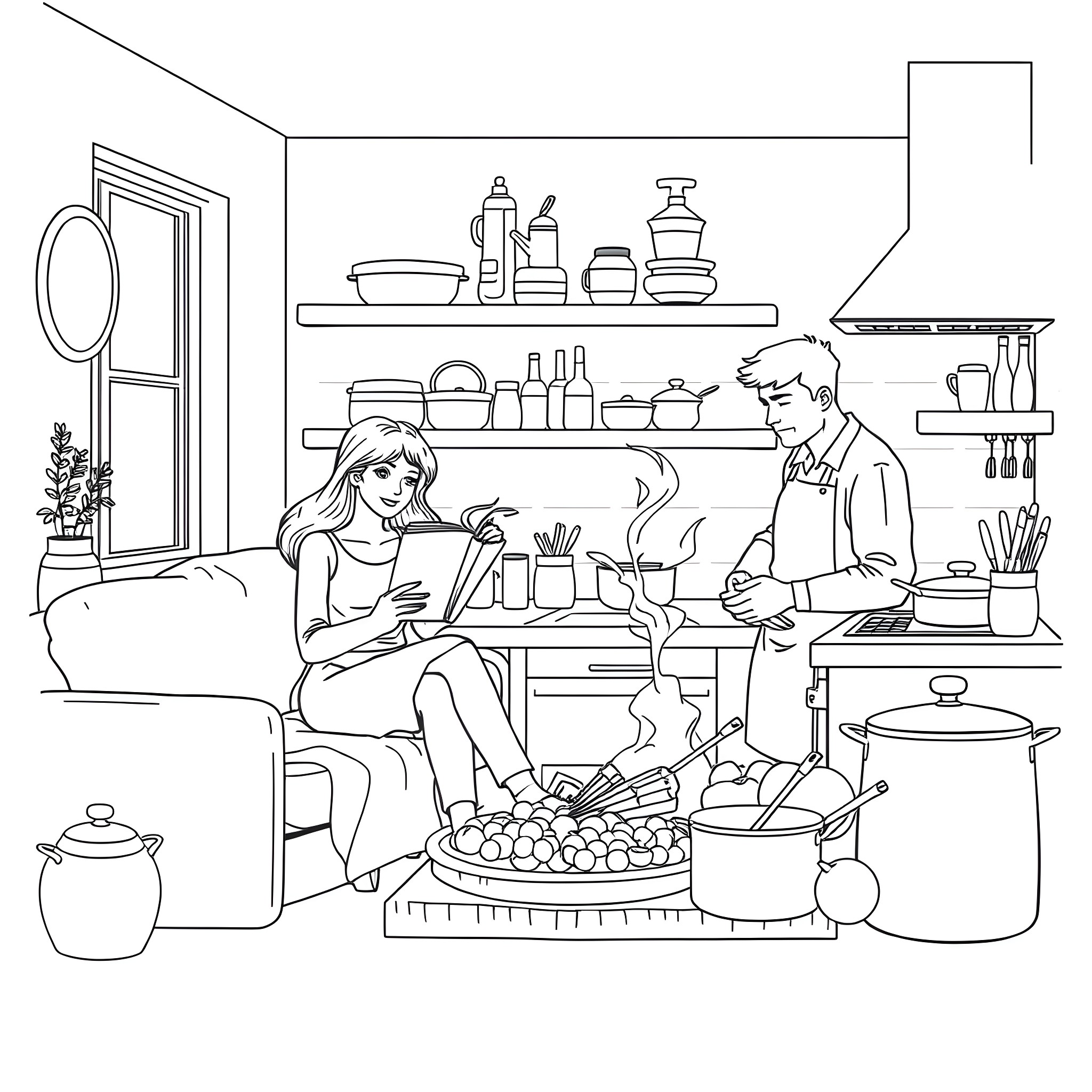 Wife enjoying a cozy meal with husband in the kitchen Coloring Page (free black-and-white line drawing printable PDF for all, from beginners to advanced learners, including children, teens, adults, and seniors)