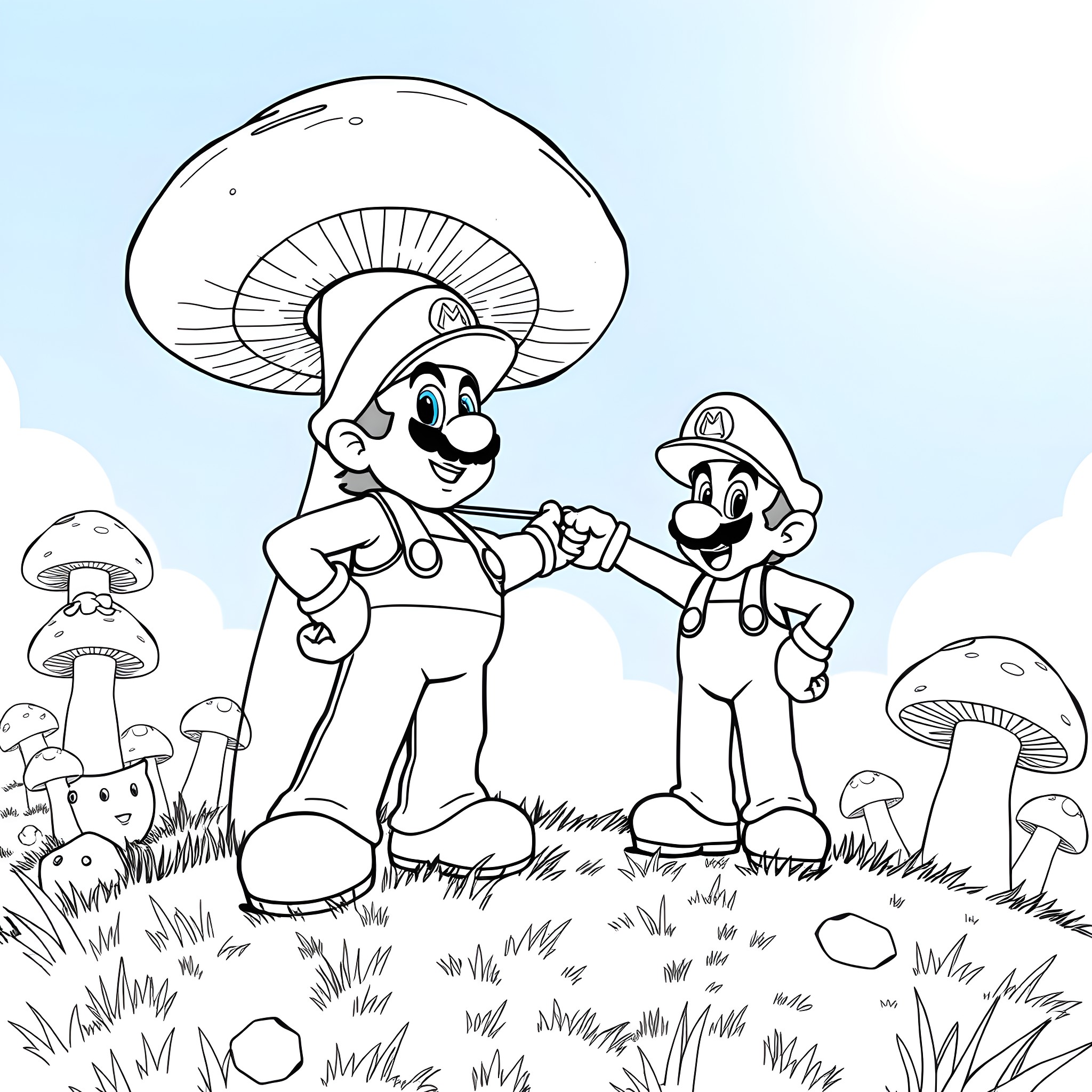 Super Mario Brothers Exploring Mushroom Kingdom Coloring Page (free black-and-white line drawing printable PDF for all, from beginners to advanced learners, including children, teens, adults, and seniors)