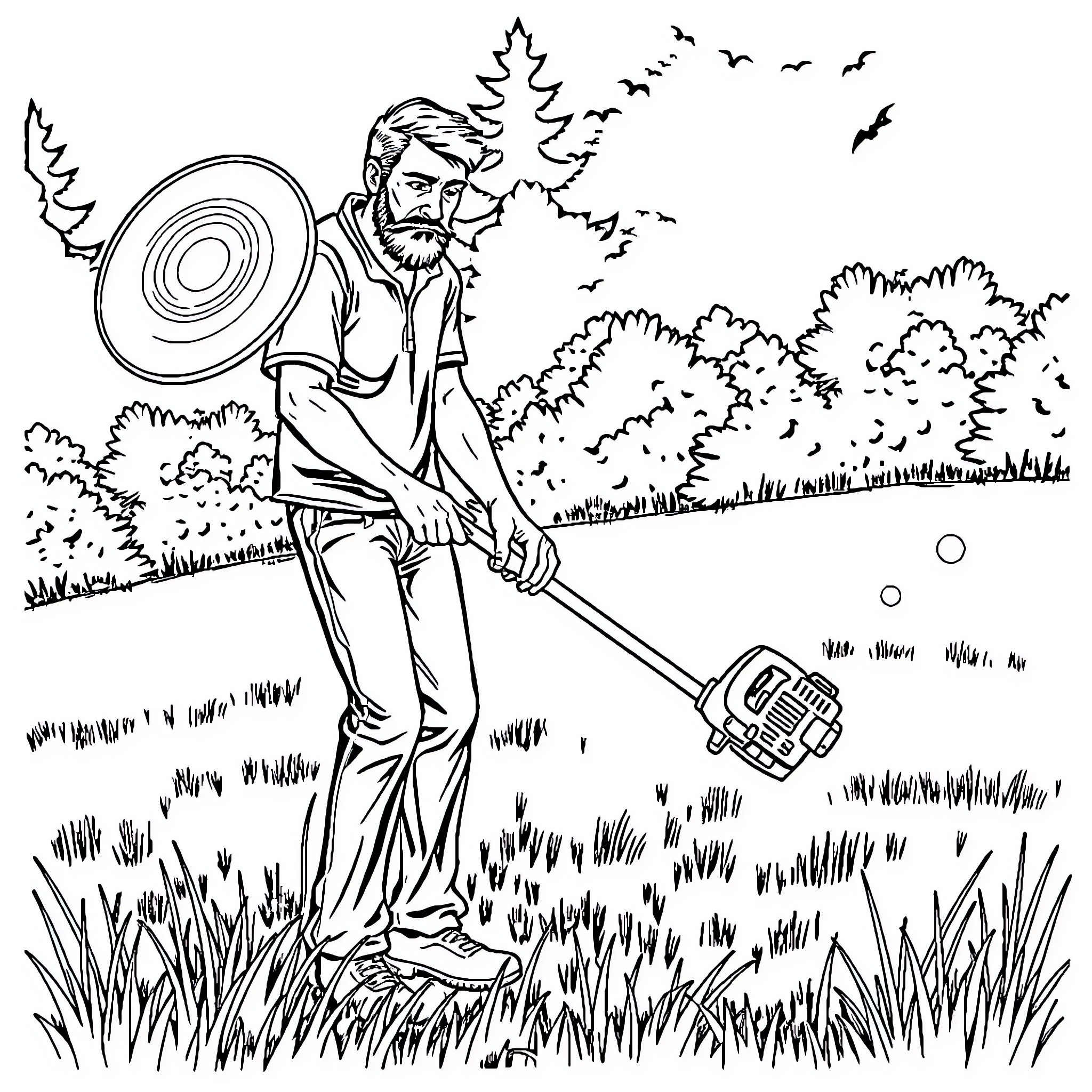 Man mowing the lawn on a sunny day Coloring Page (free black-and-white line drawing printable PDF for all, from beginners to advanced learners, including children, teens, adults, and seniors)