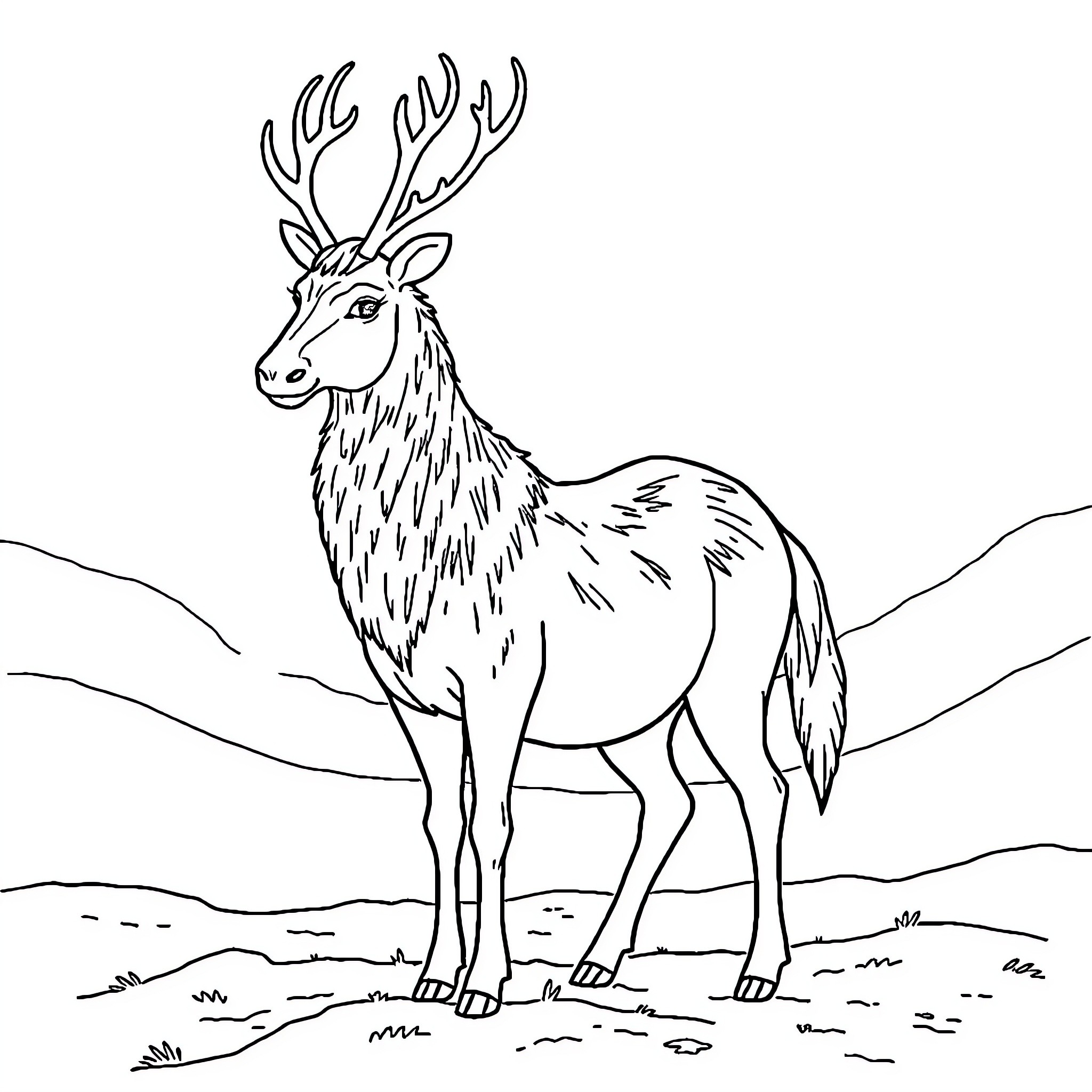 Snow Queen's Majestic Deer in Winter Wonderland Coloring Page (free black-and-white line drawing printable PDF for all, from beginners to advanced learners, including children, teens, adults, and seniors)