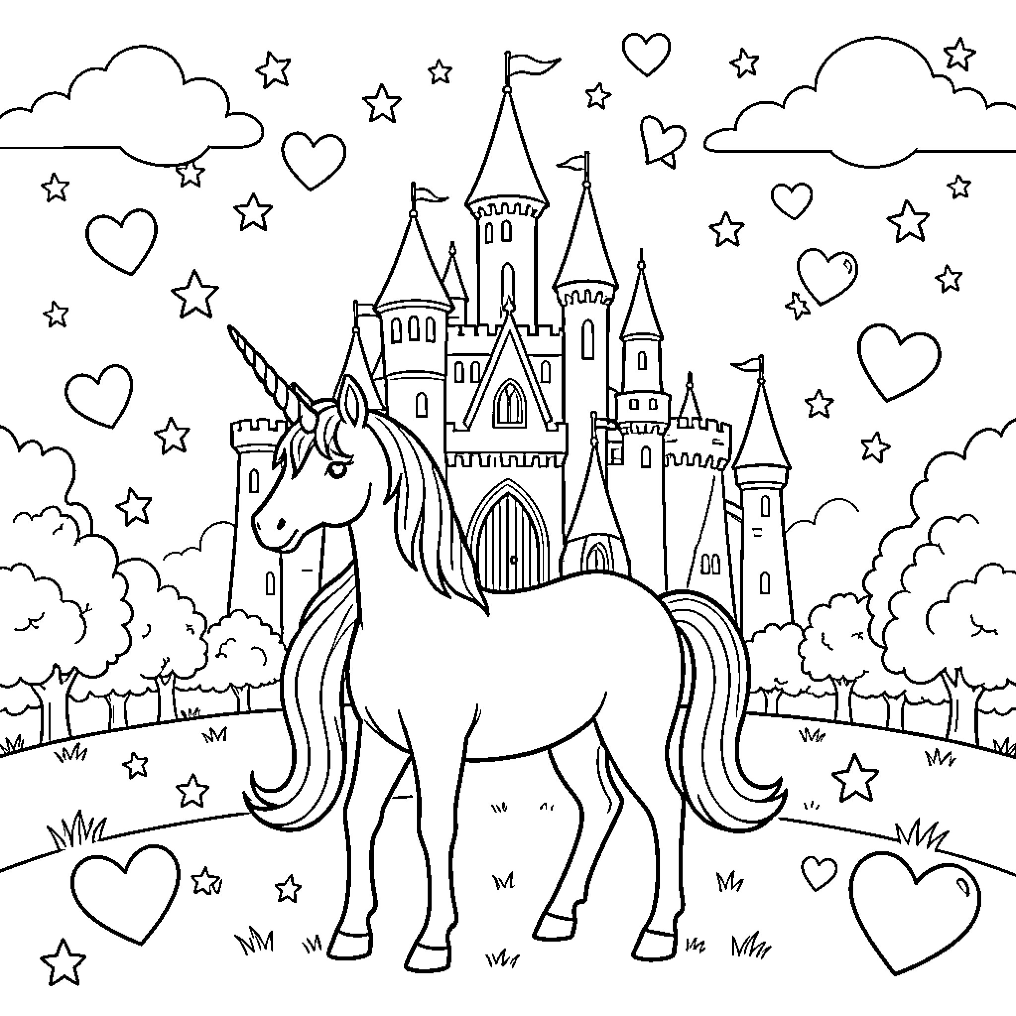 Unicorn standing proudly in front of a magical castle Coloring Page (free black-and-white line drawing printable PDF for all, from beginners to advanced learners, including children, teens, adults, and seniors)