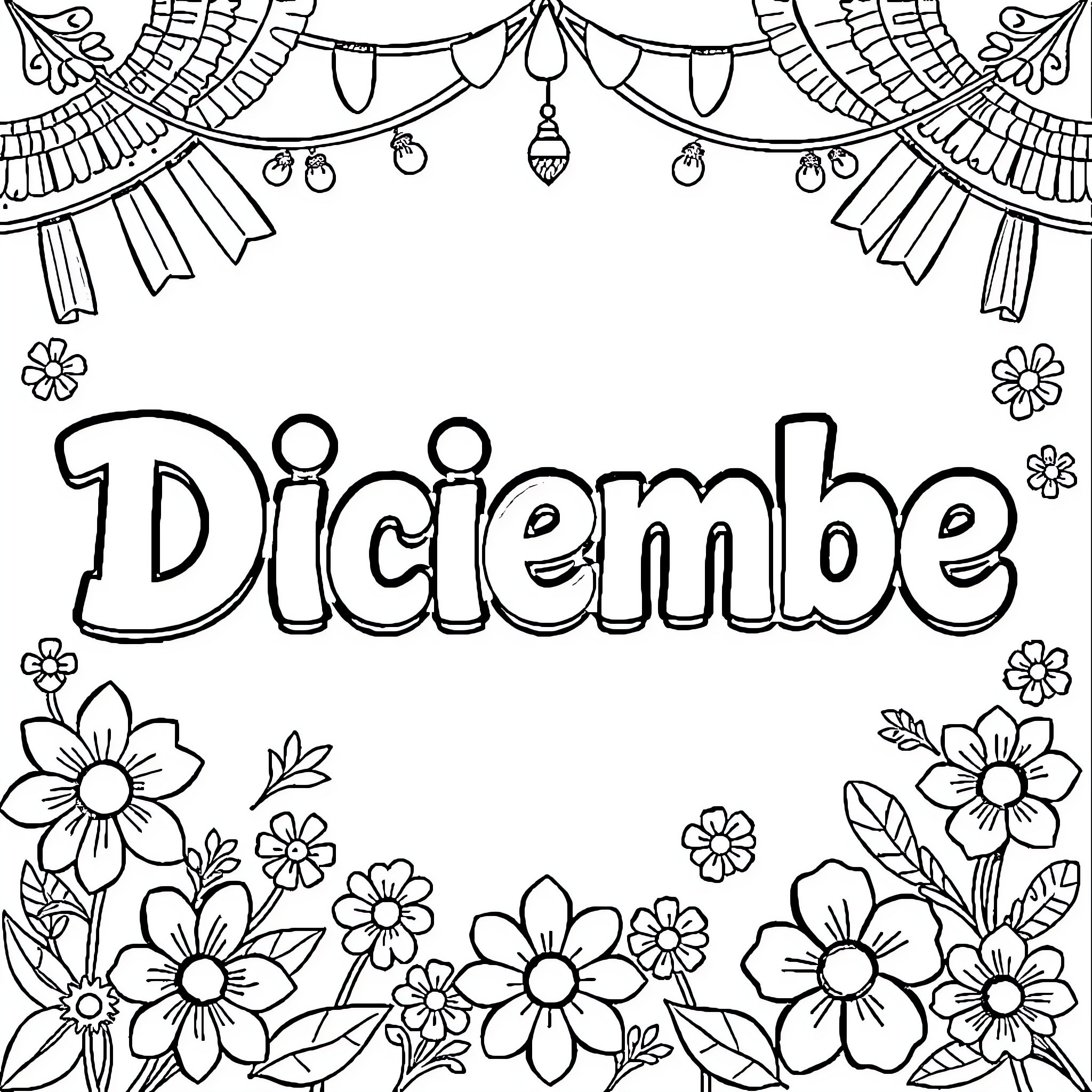 Bubble Letters Decorative Floral Design Coloring Page (free black-and-white line drawing printable PDF for all, from beginners to advanced learners, including children, teens, adults, and seniors)