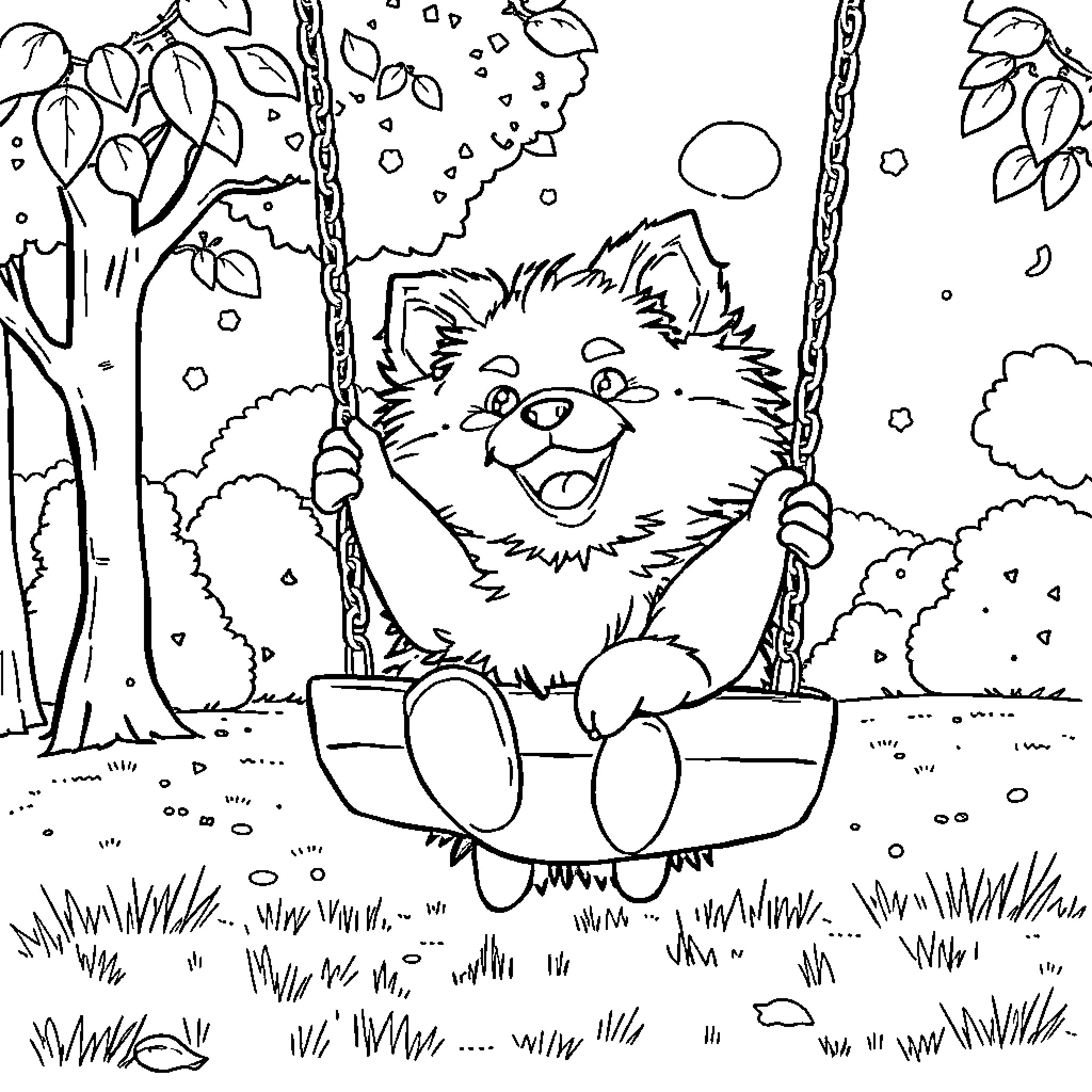 Pomny happy little animal swinging on a playground swing Coloring Page (free black-and-white line drawing printable PDF for all, from beginners to advanced learners, including children, teens, adults, and seniors)