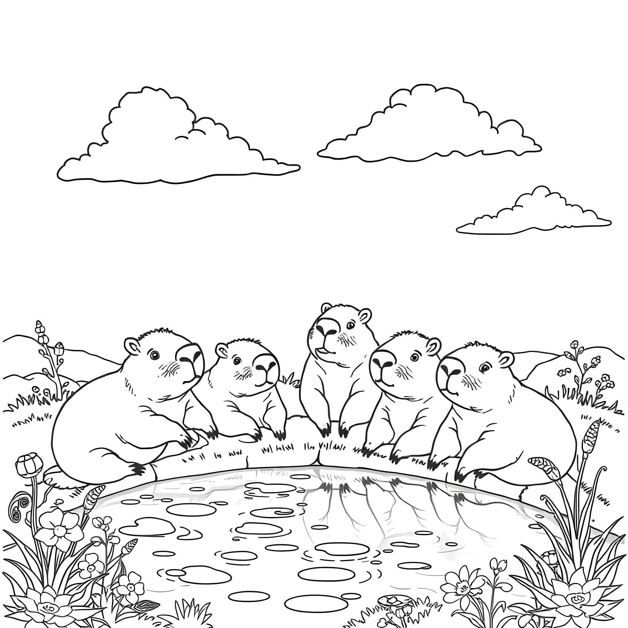 Capybara family enjoying a peaceful day by the pond Coloring Page (free black-and-white line drawing printable PDF for all, from beginners to advanced learners, including children, teens, adults, and seniors)